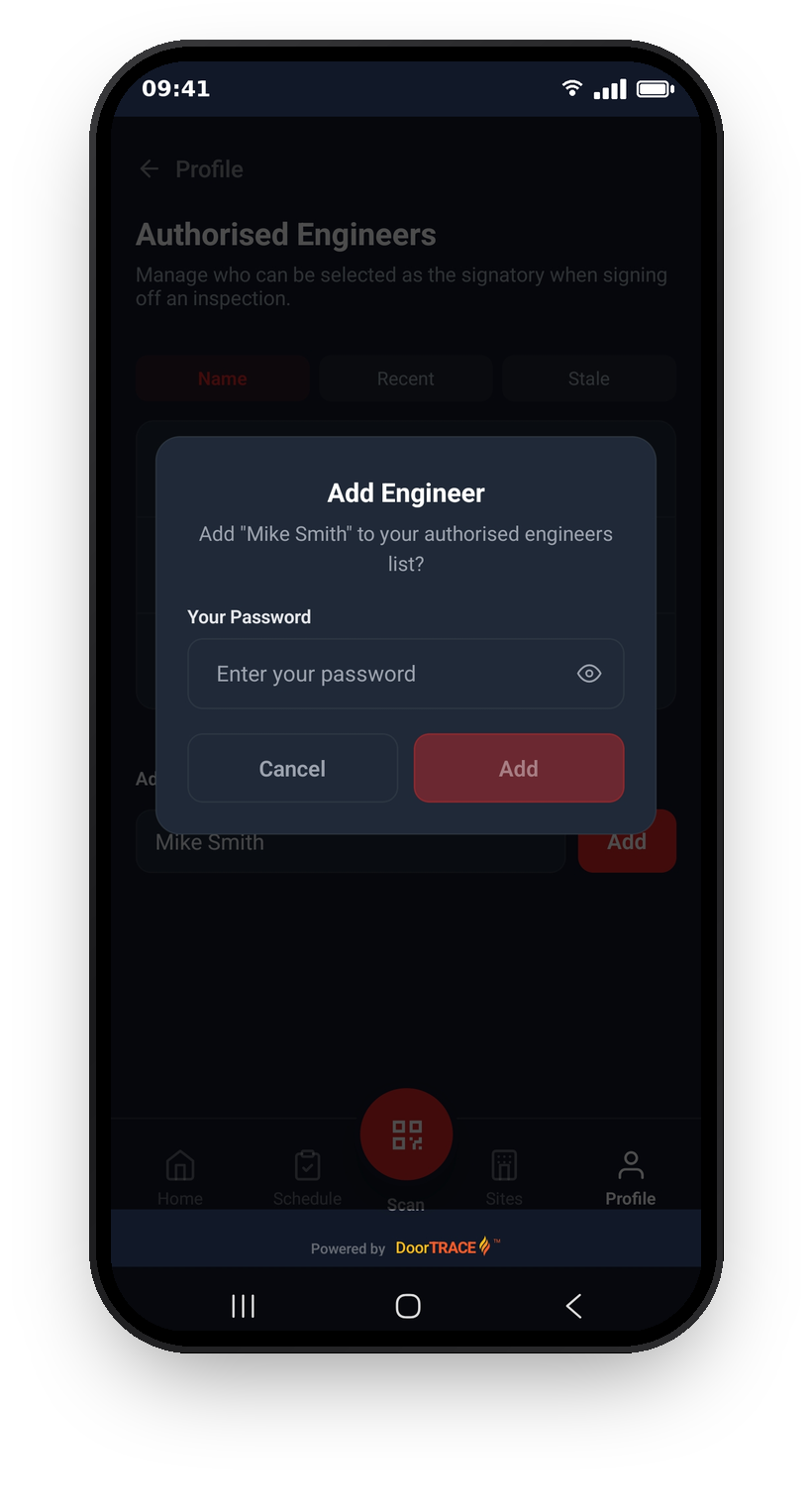 The Add Engineer confirmation asking for your password