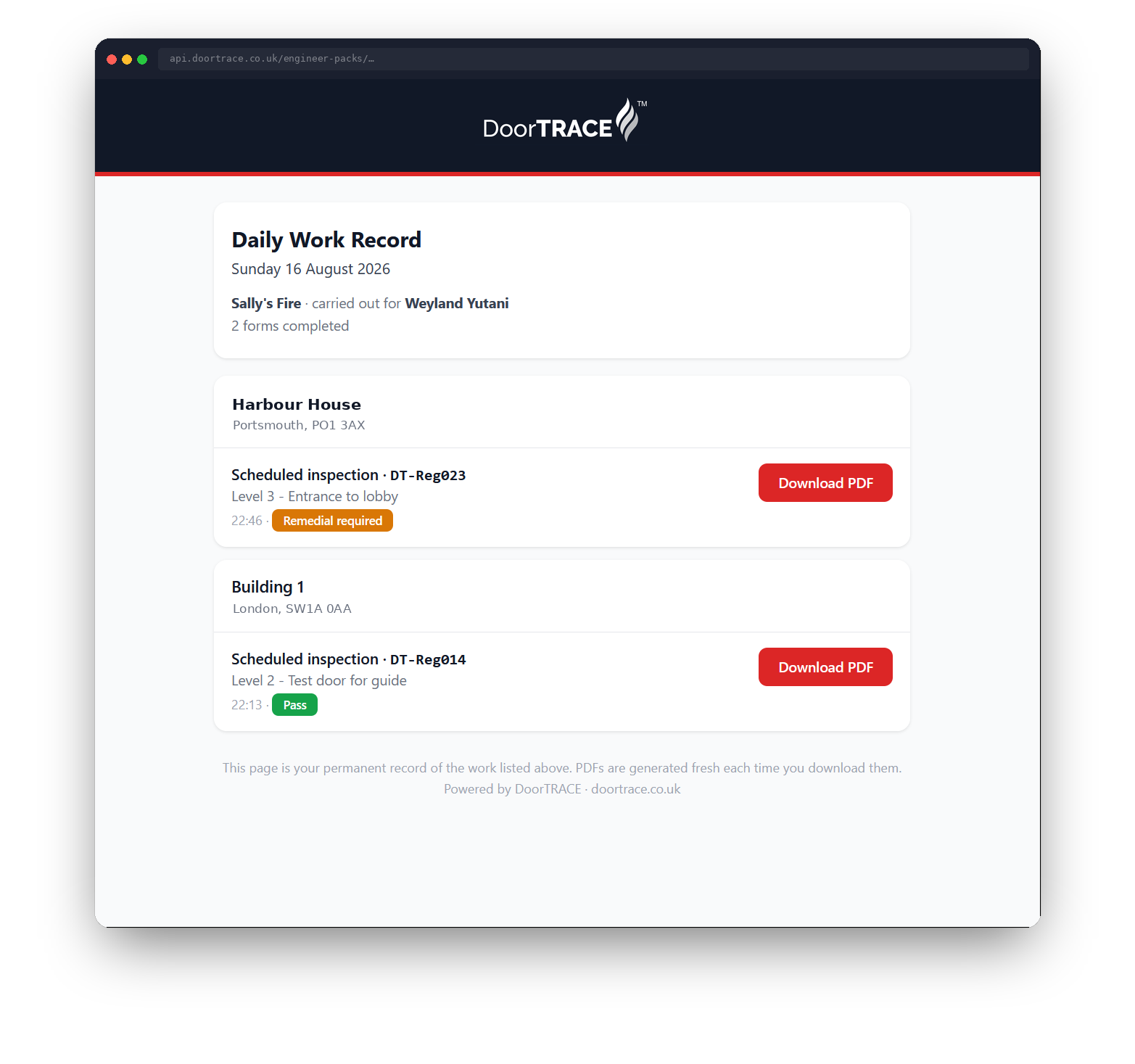 The daily work record page