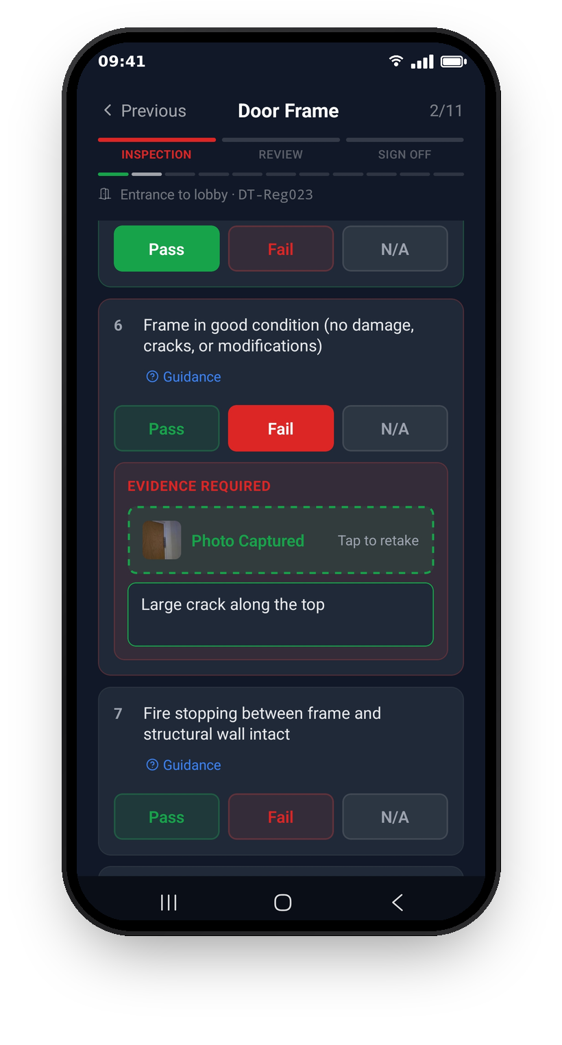 A failed checklist item showing the Evidence Required panel