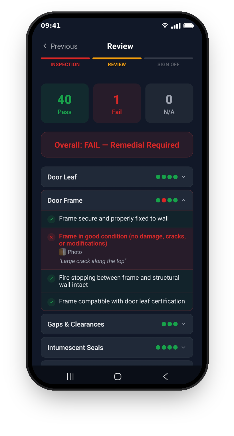 The Review screen showing failed items