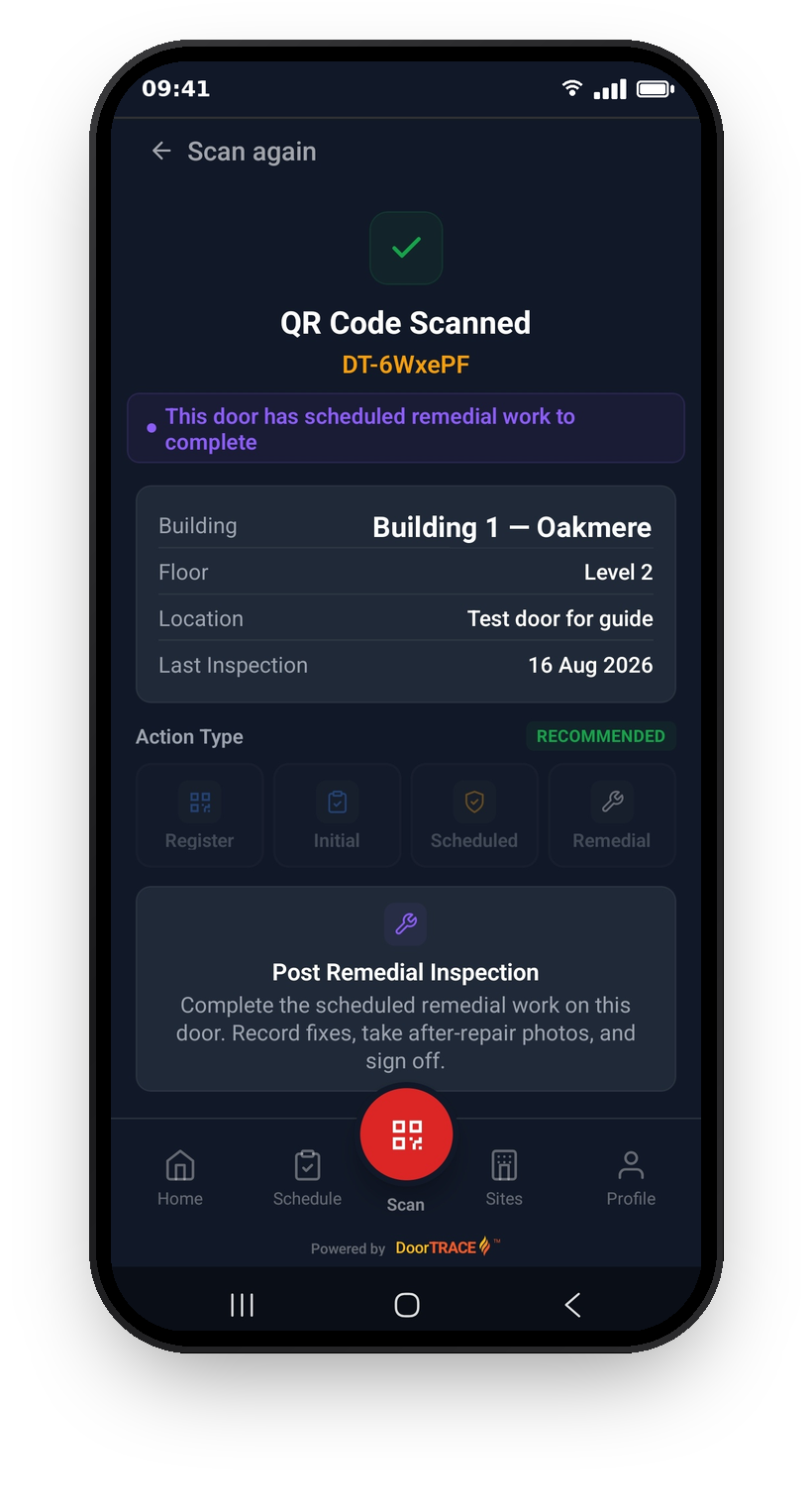 The confirm screen suggesting Remedial for a door with open defects