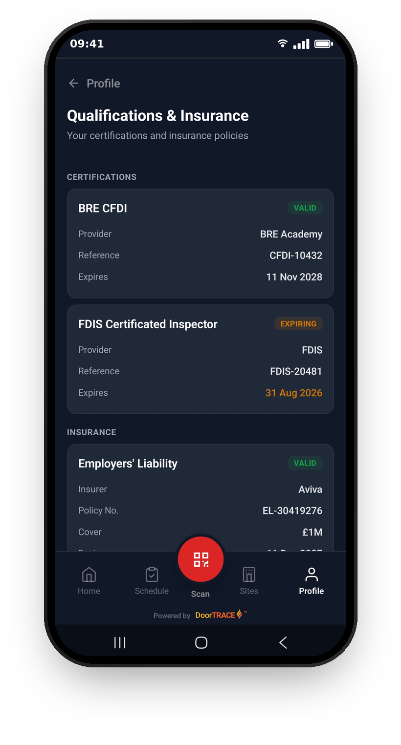 The Qualifications & Insurance screen showing certification cards