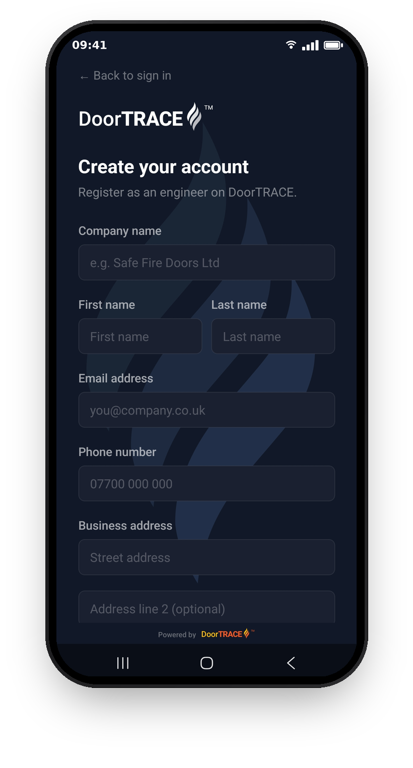 The create account screen