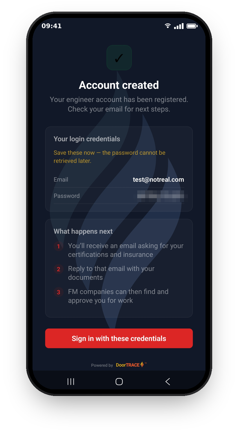 The account created screen