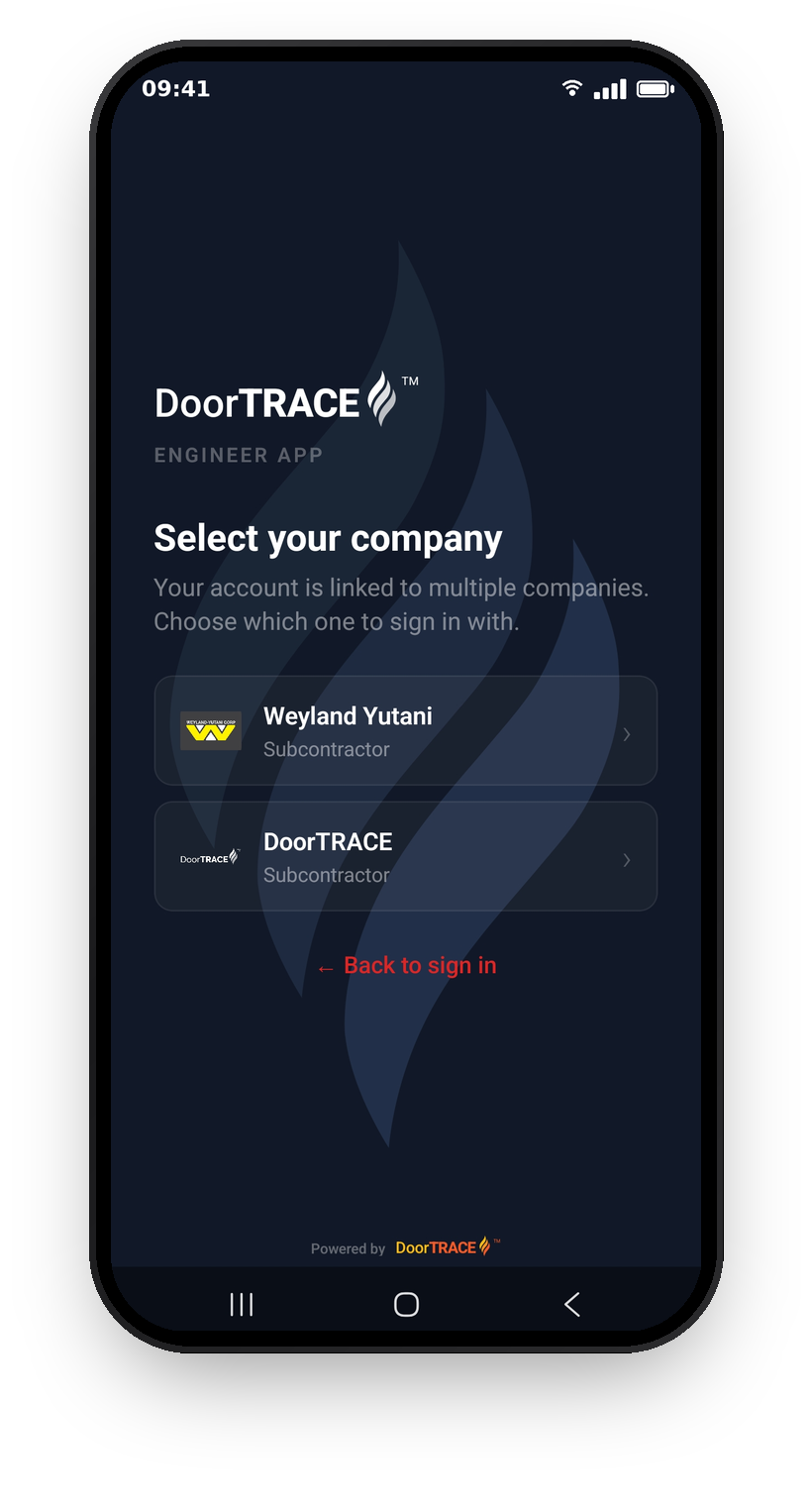 The select your company screen