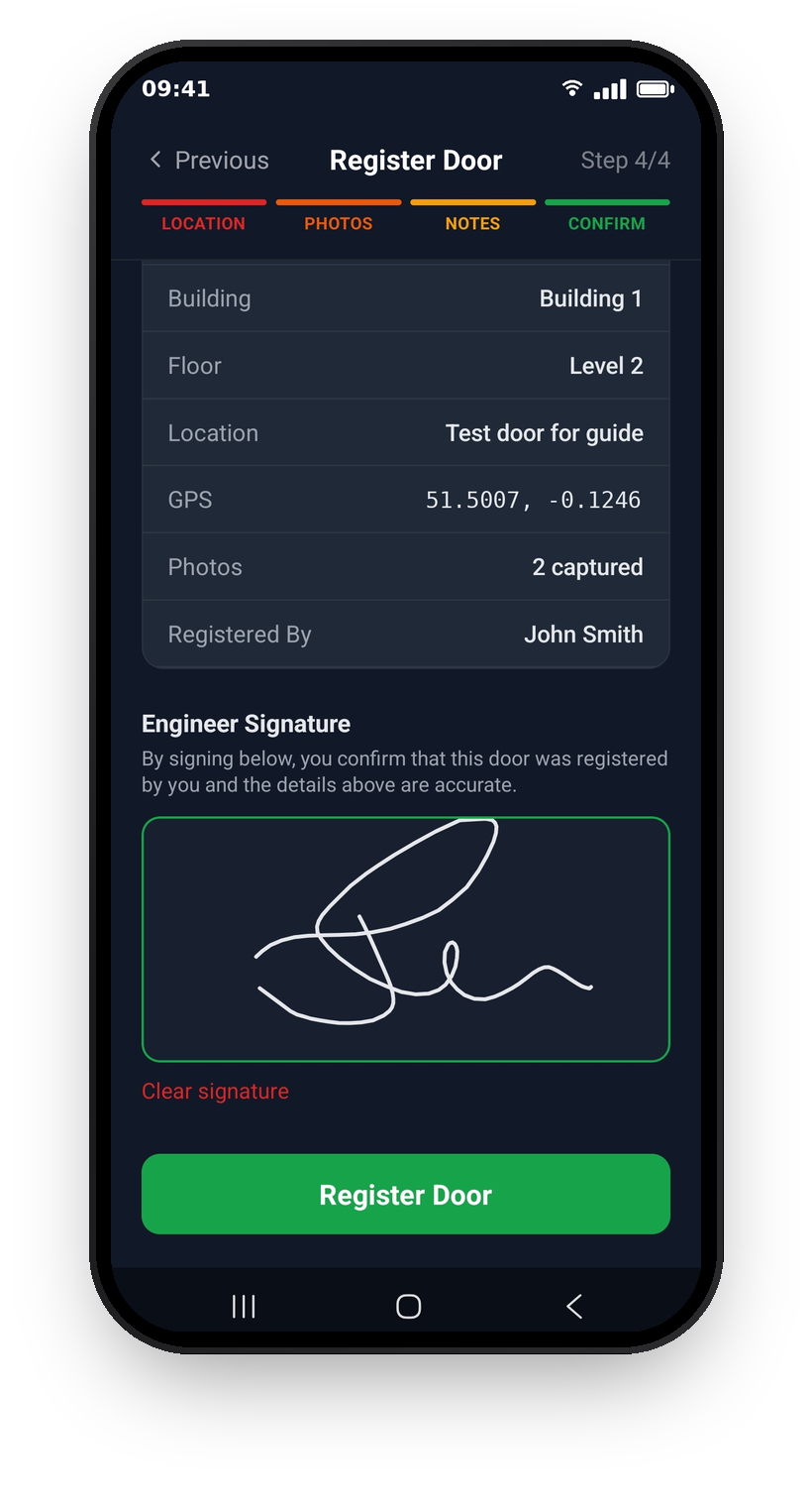The signature box and Register Door button