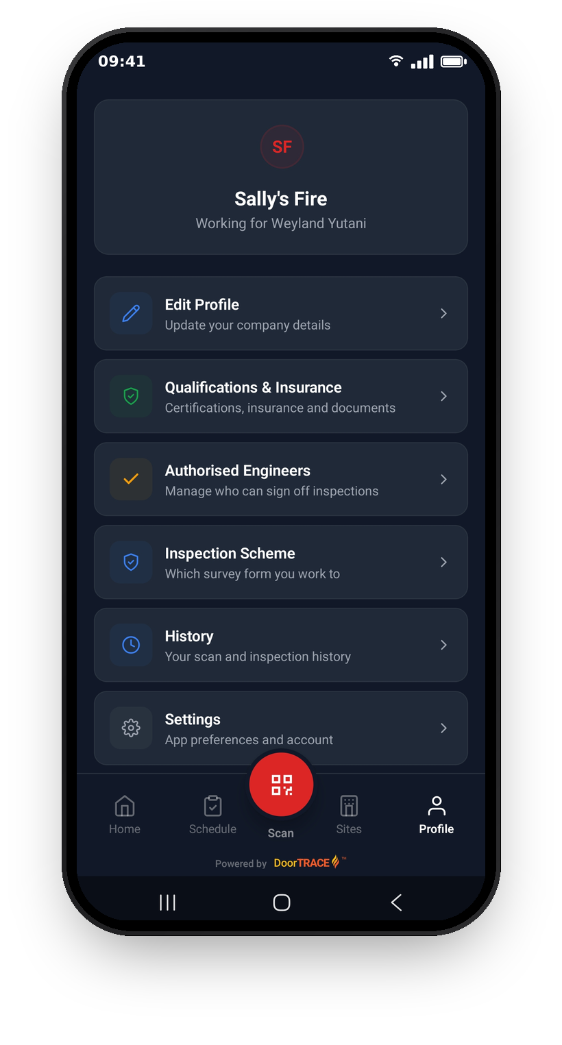 The Profile screen with the Inspection Scheme menu row