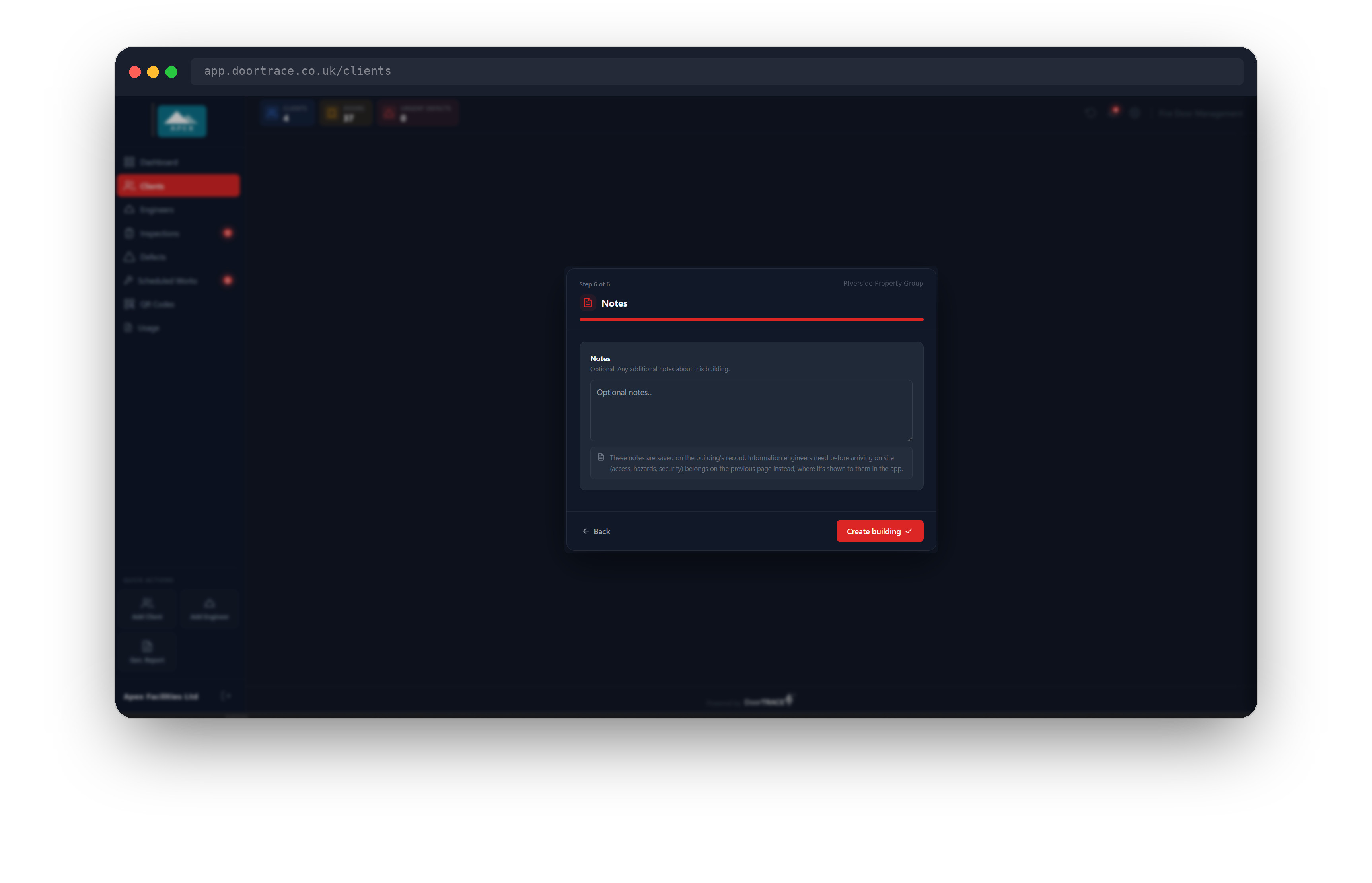 The Notes page with the Create building button