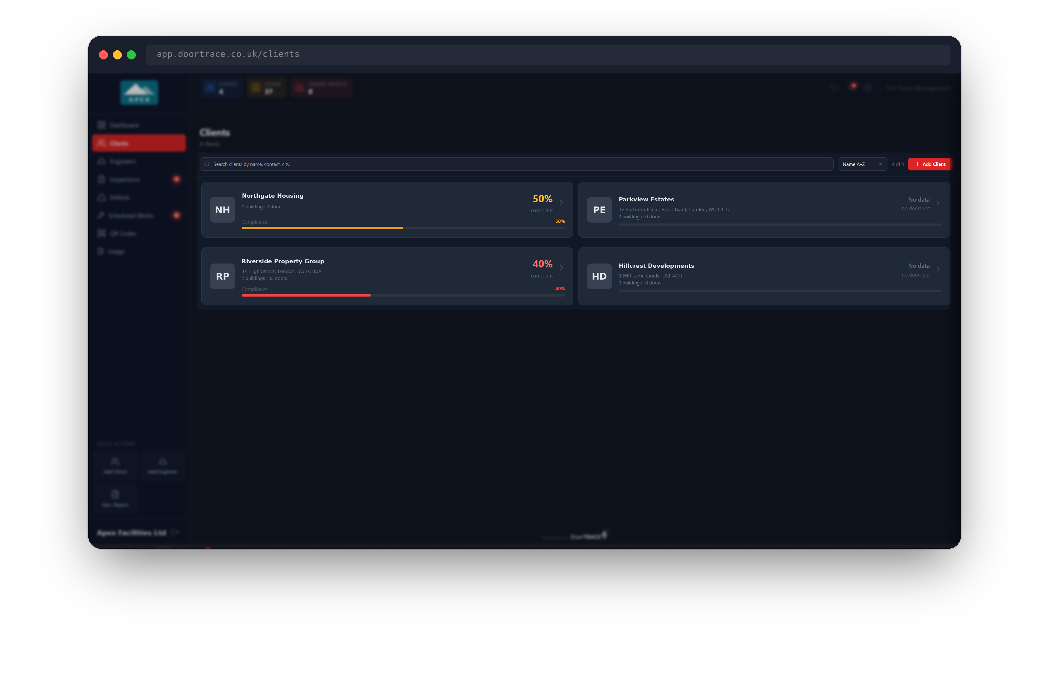 The Clients page with the search box, sort options and Add Client button