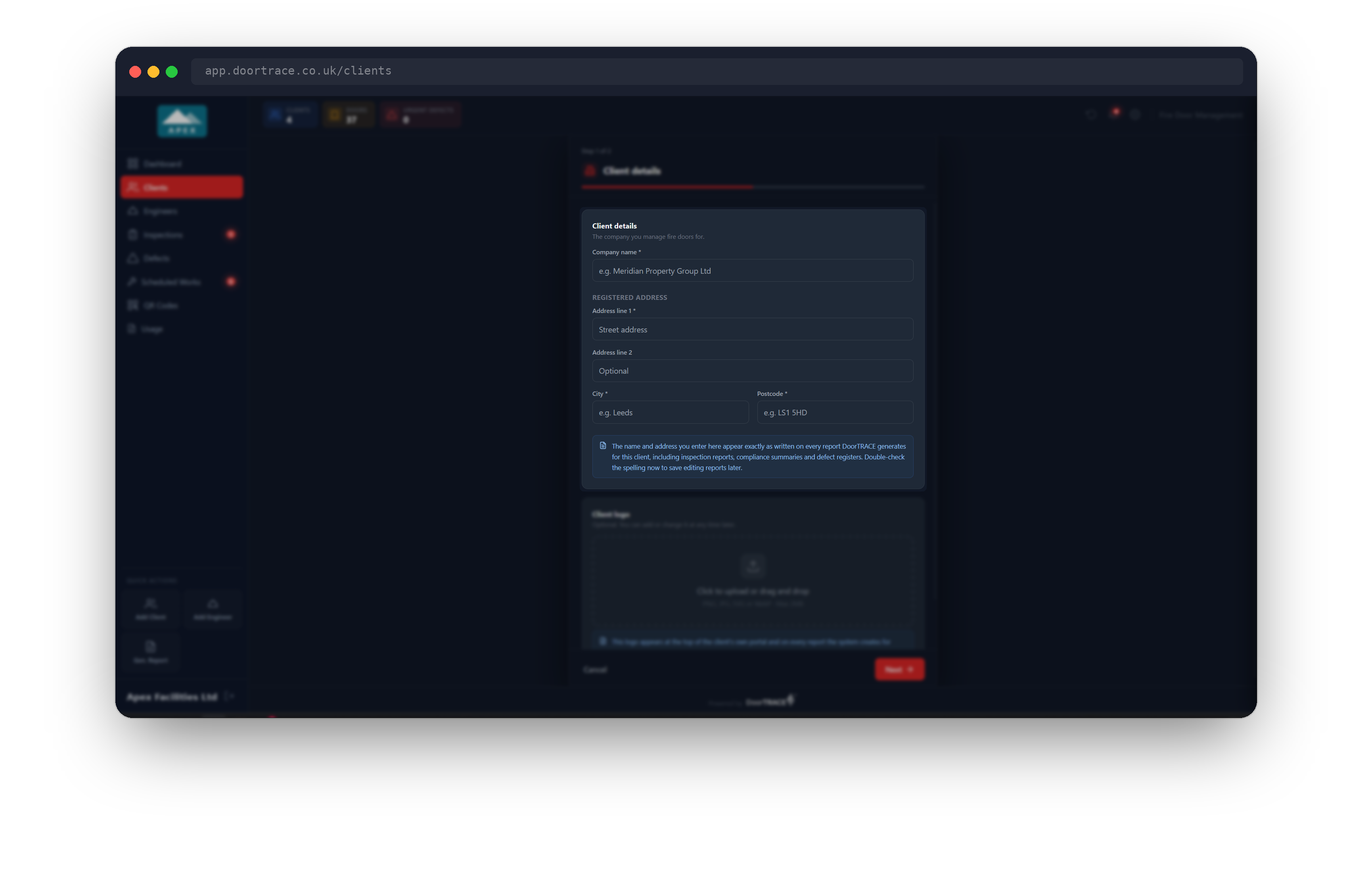 Client details: company name and registered address