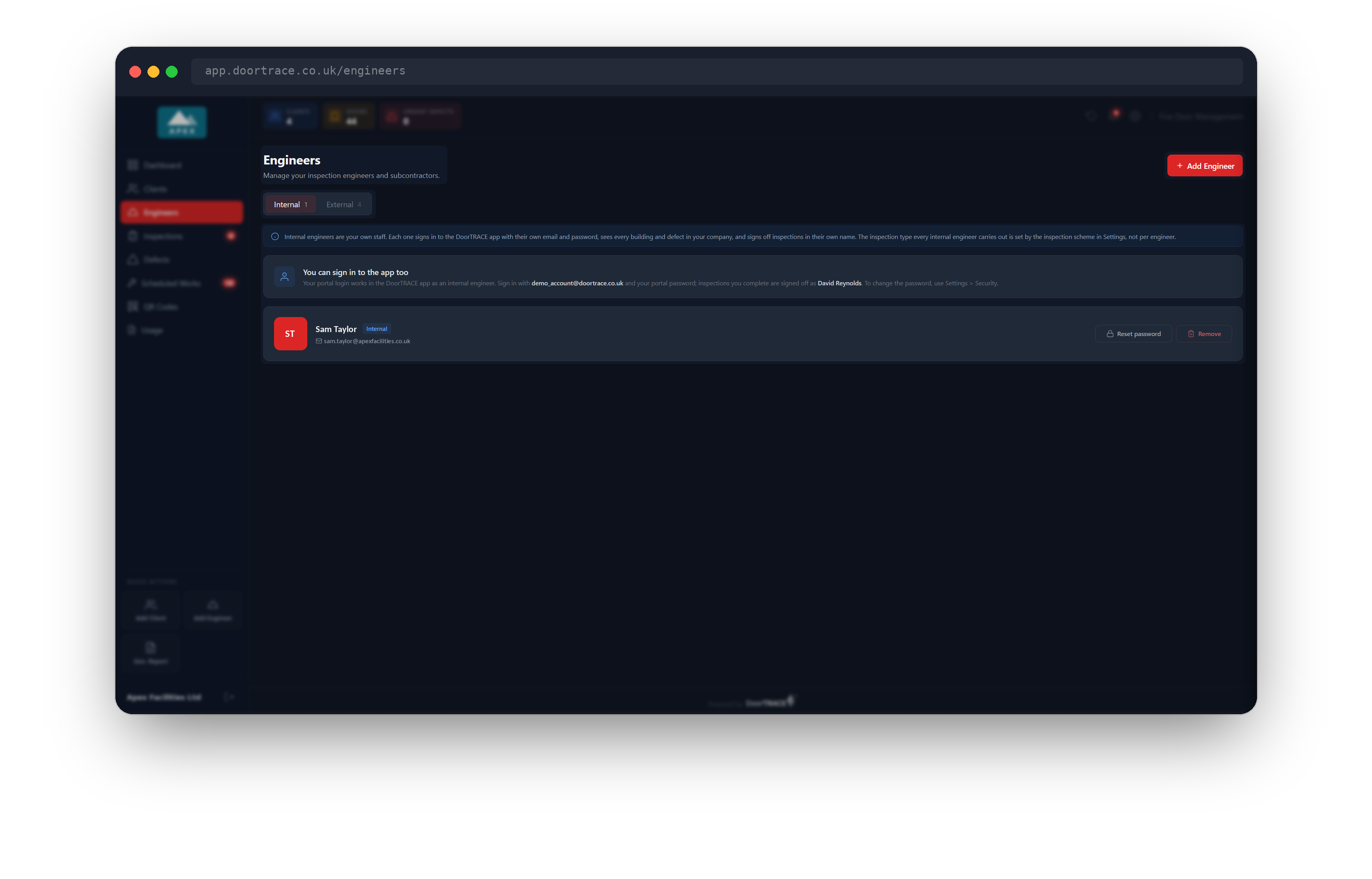 The Engineers page on the Internal tab
