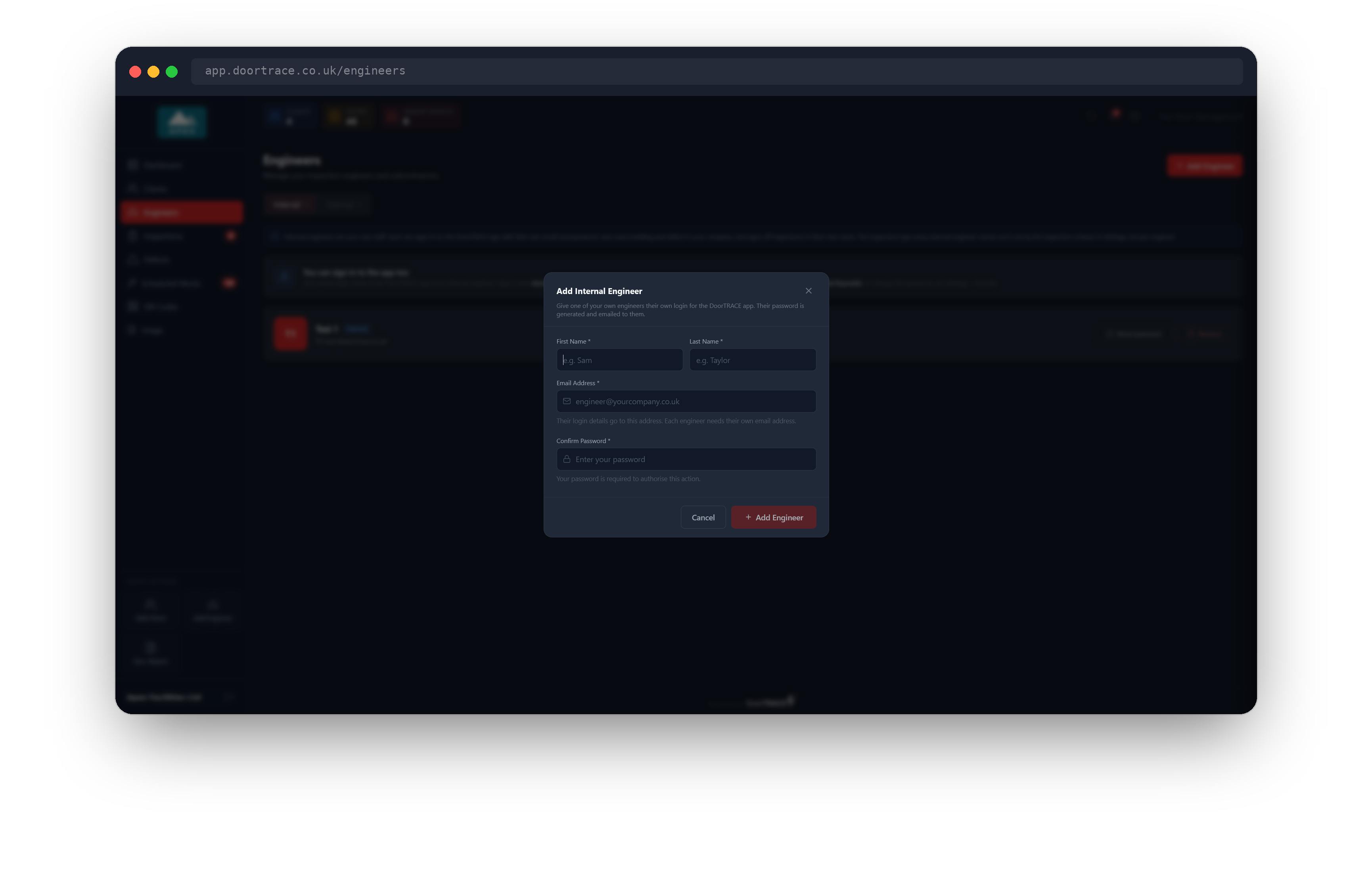 The Add Internal Engineer window