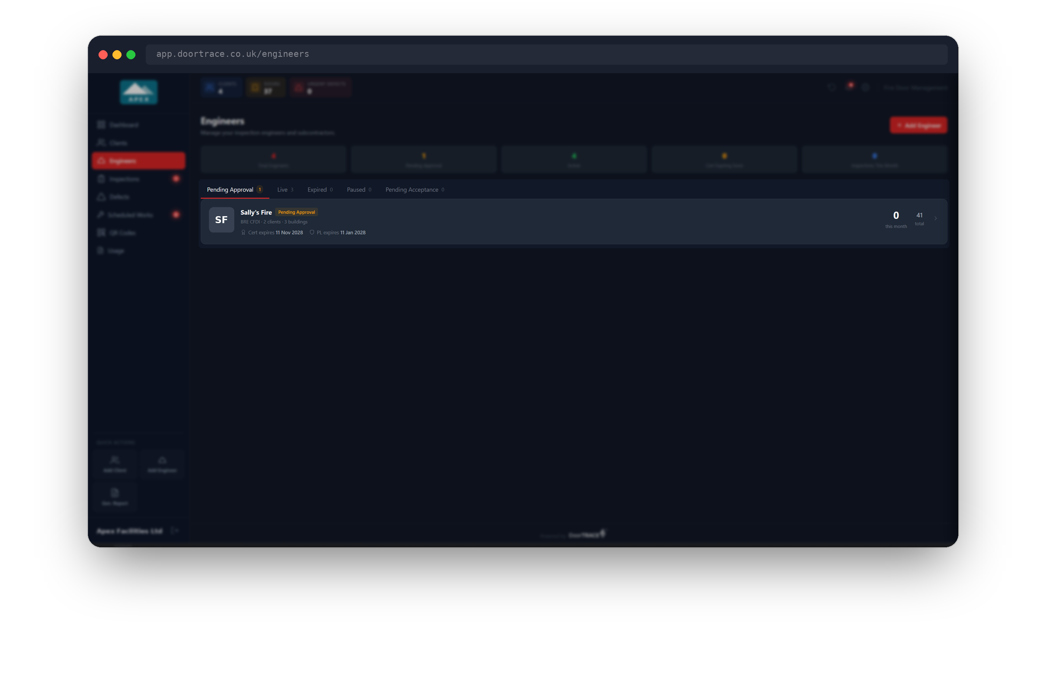 Engineers page open on the Pending Approval tab