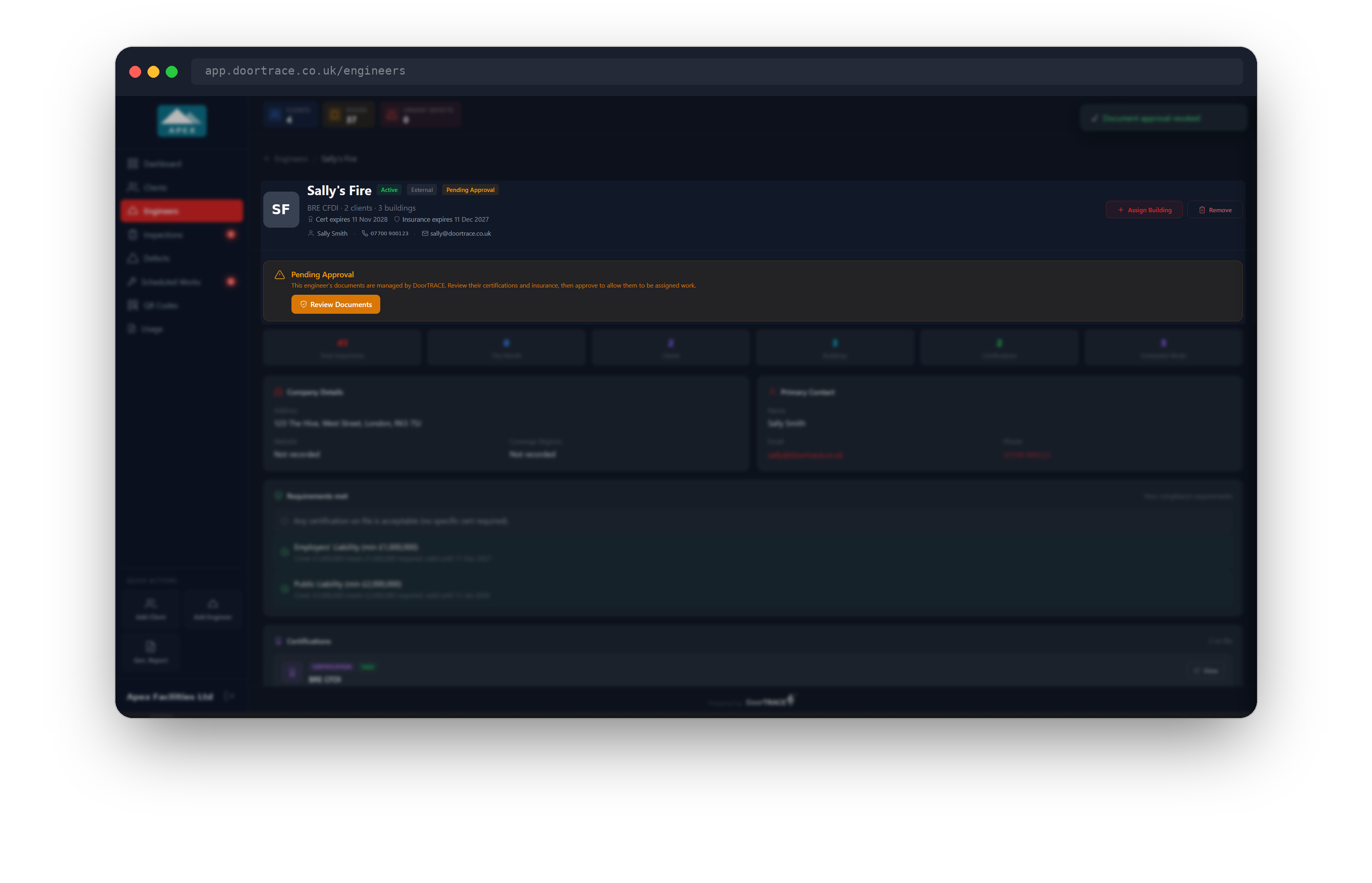 Engineer page with the amber Pending Approval banner