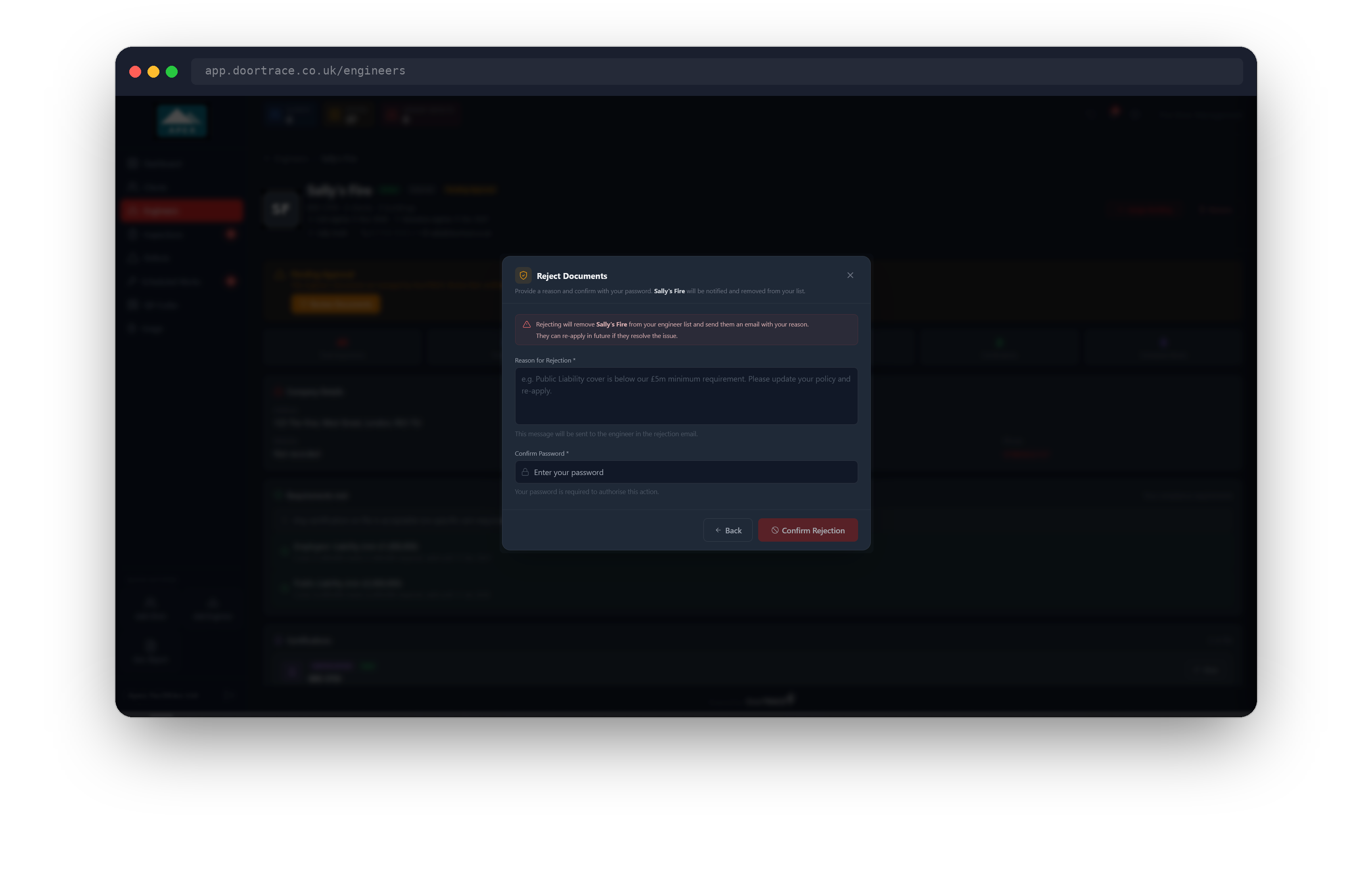 The Reject Documents step with a reason entered