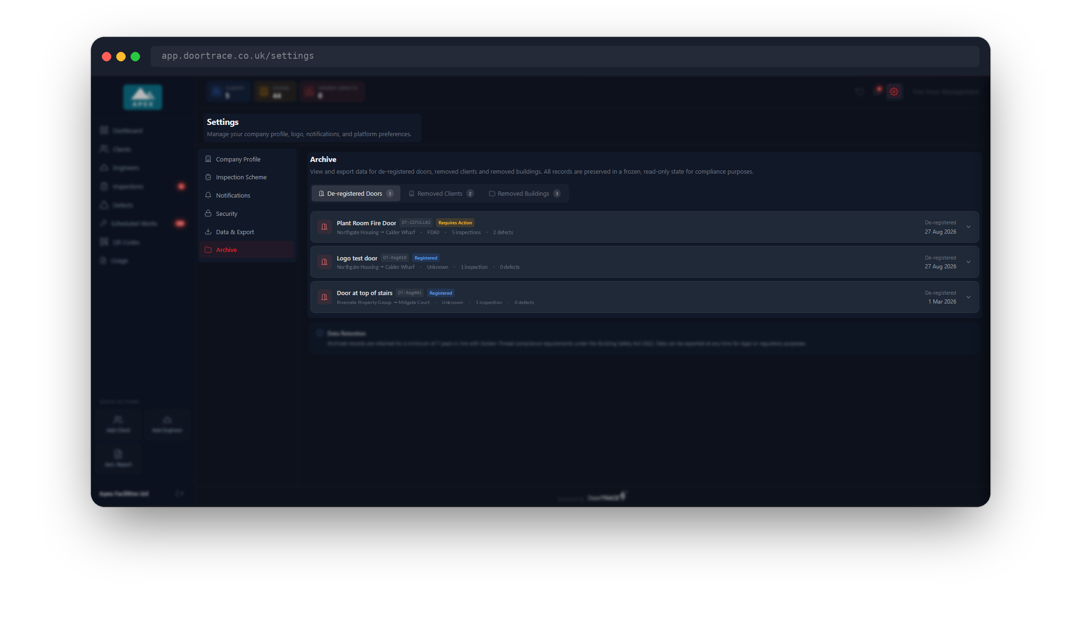 The Archive page in Settings