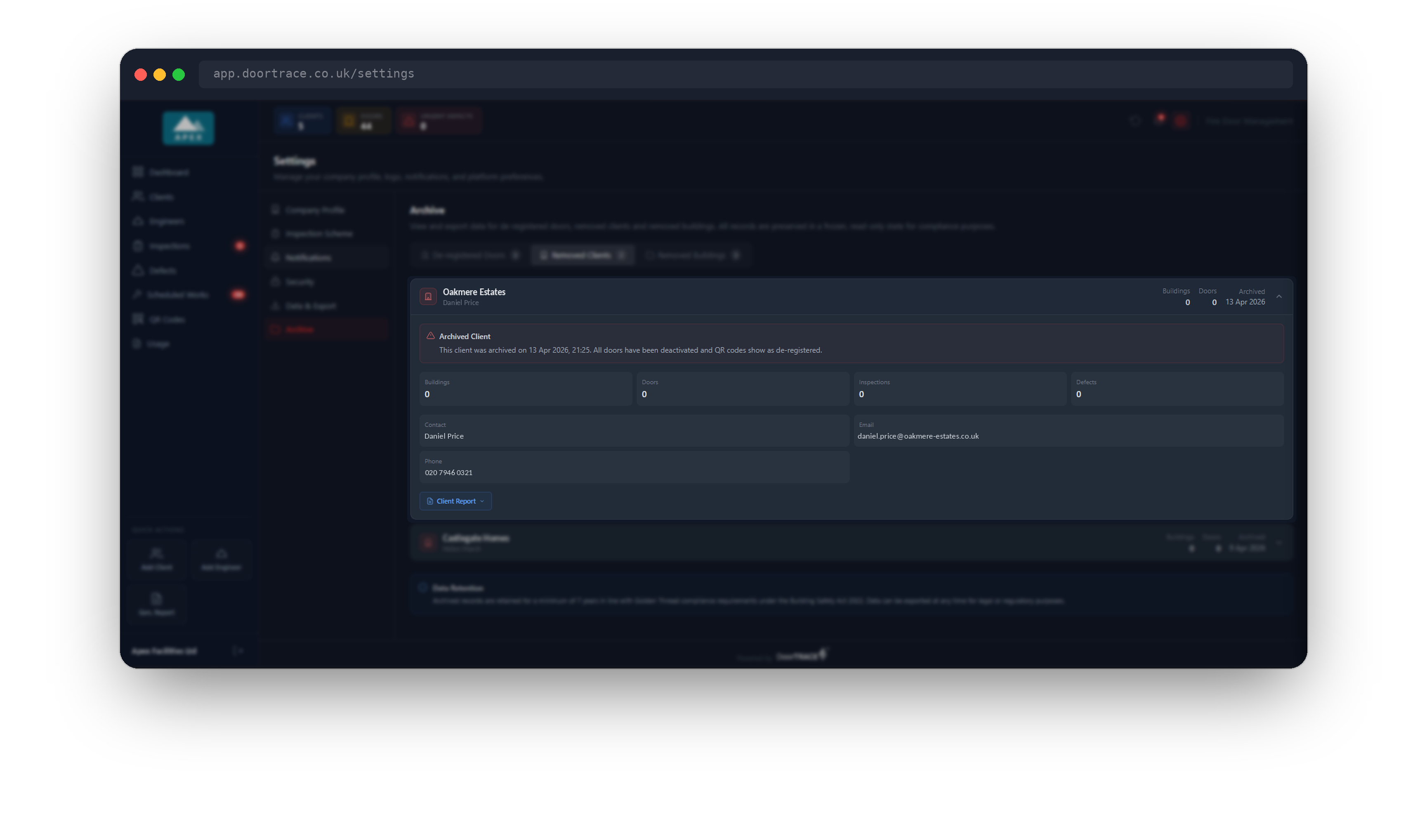 A removed client opened on the Archive page
