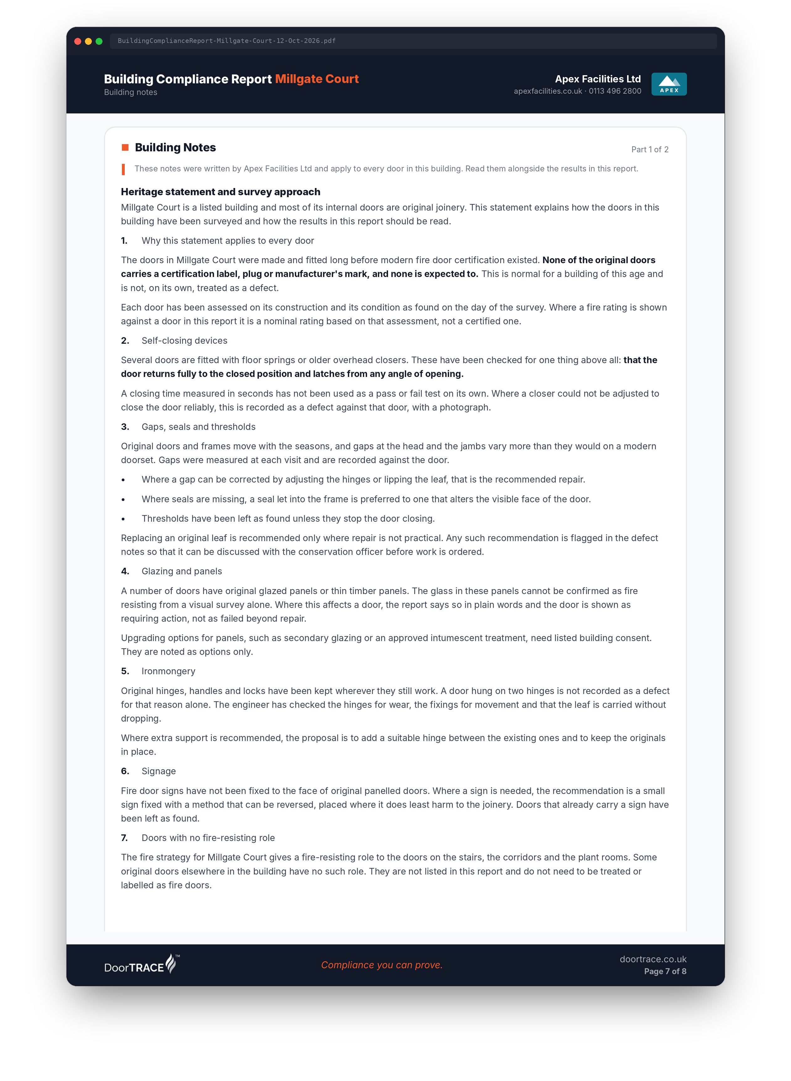 The Building Notes section of a Building Compliance Report