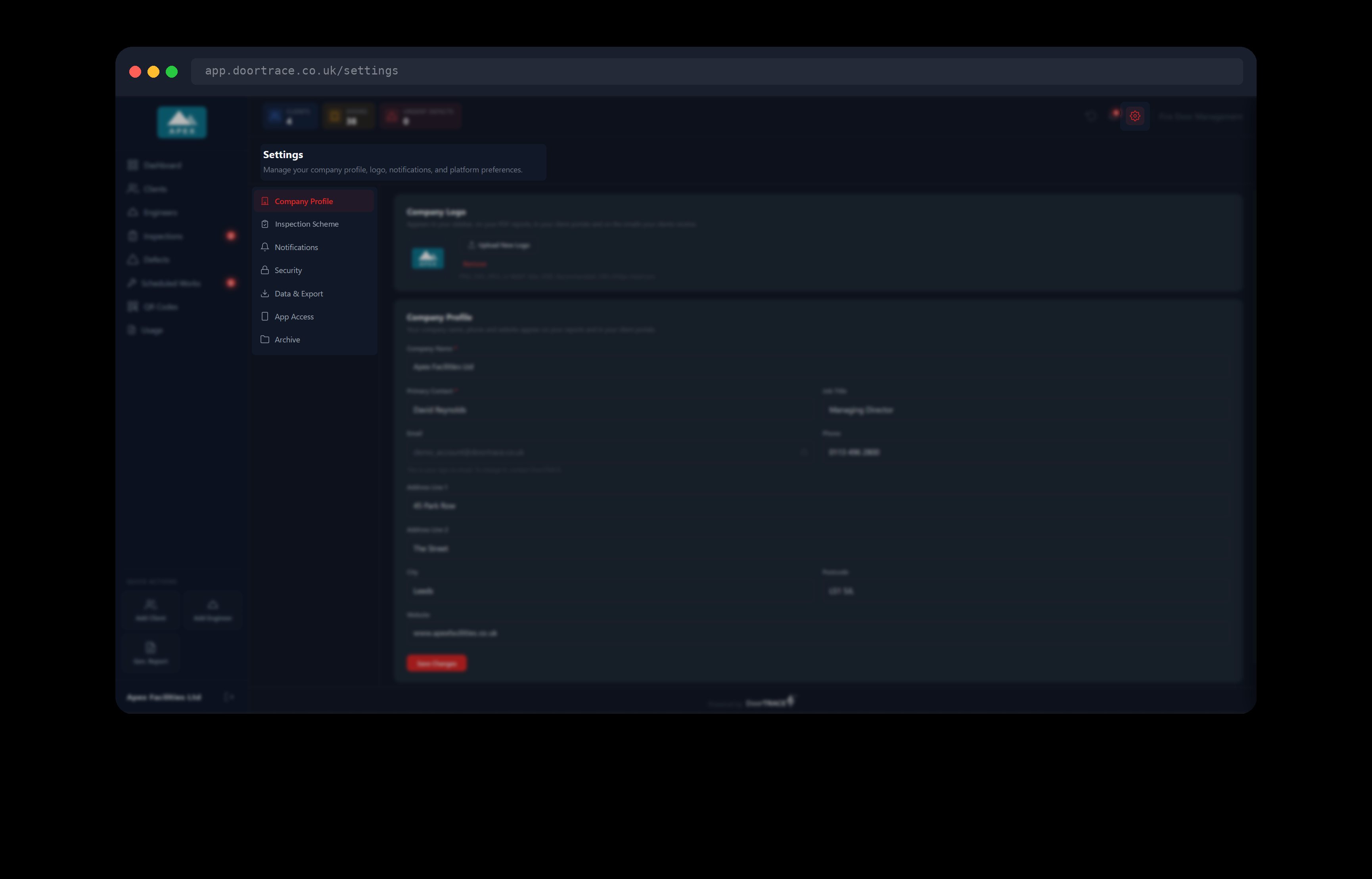 The Settings page, opened from the cog icon at the top of the portal