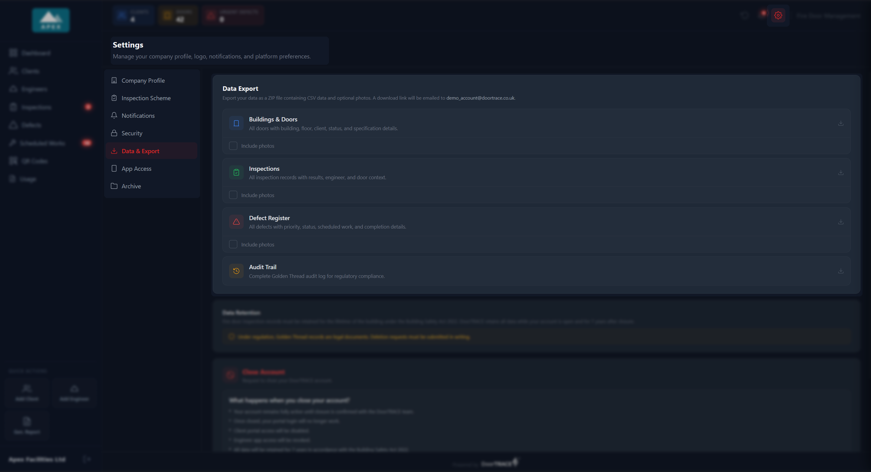 The Settings page with Data & Export selected