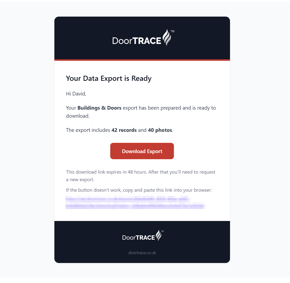 The email with the Download Export button