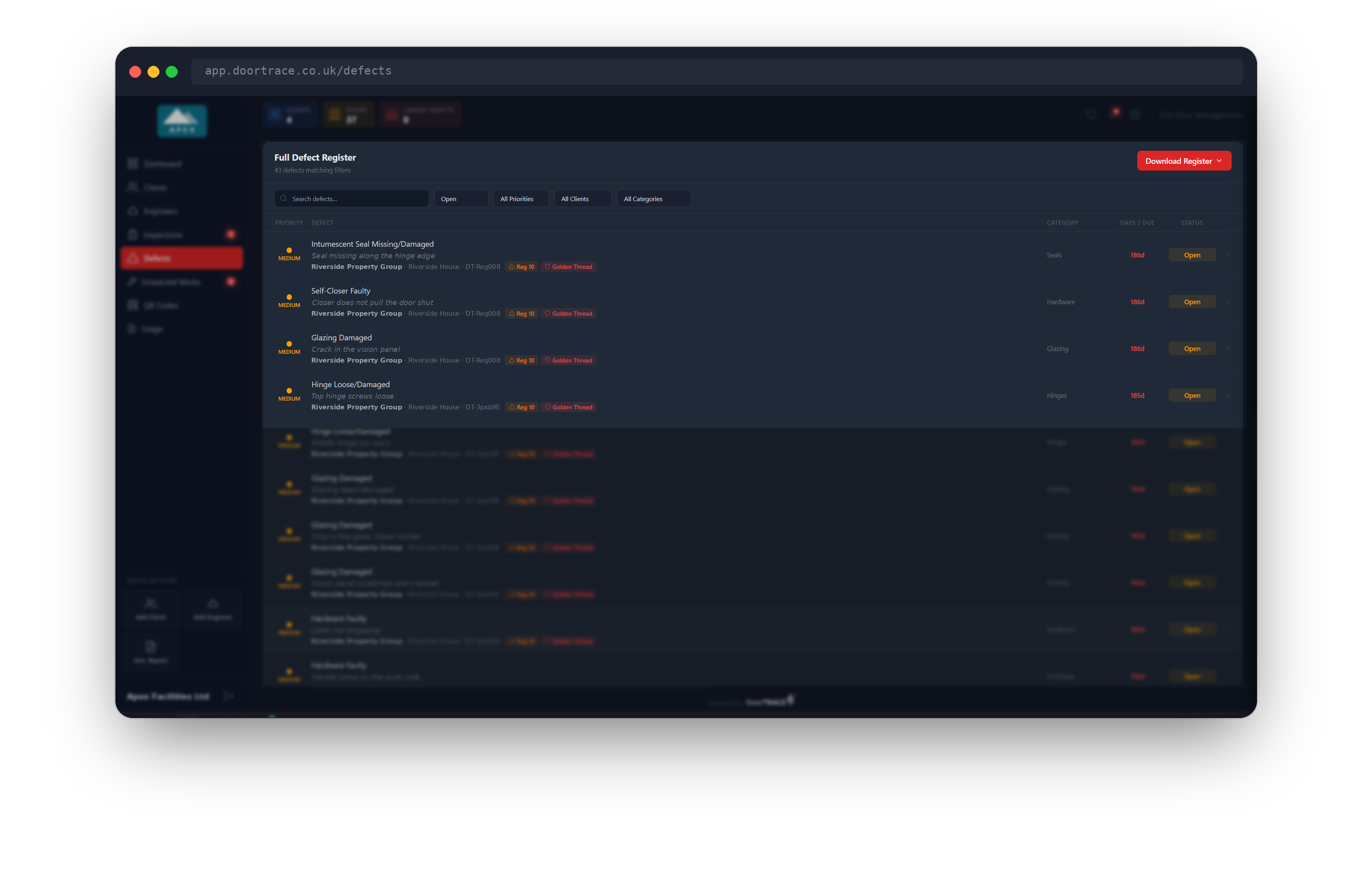The Full Defect Register with its search box and filters