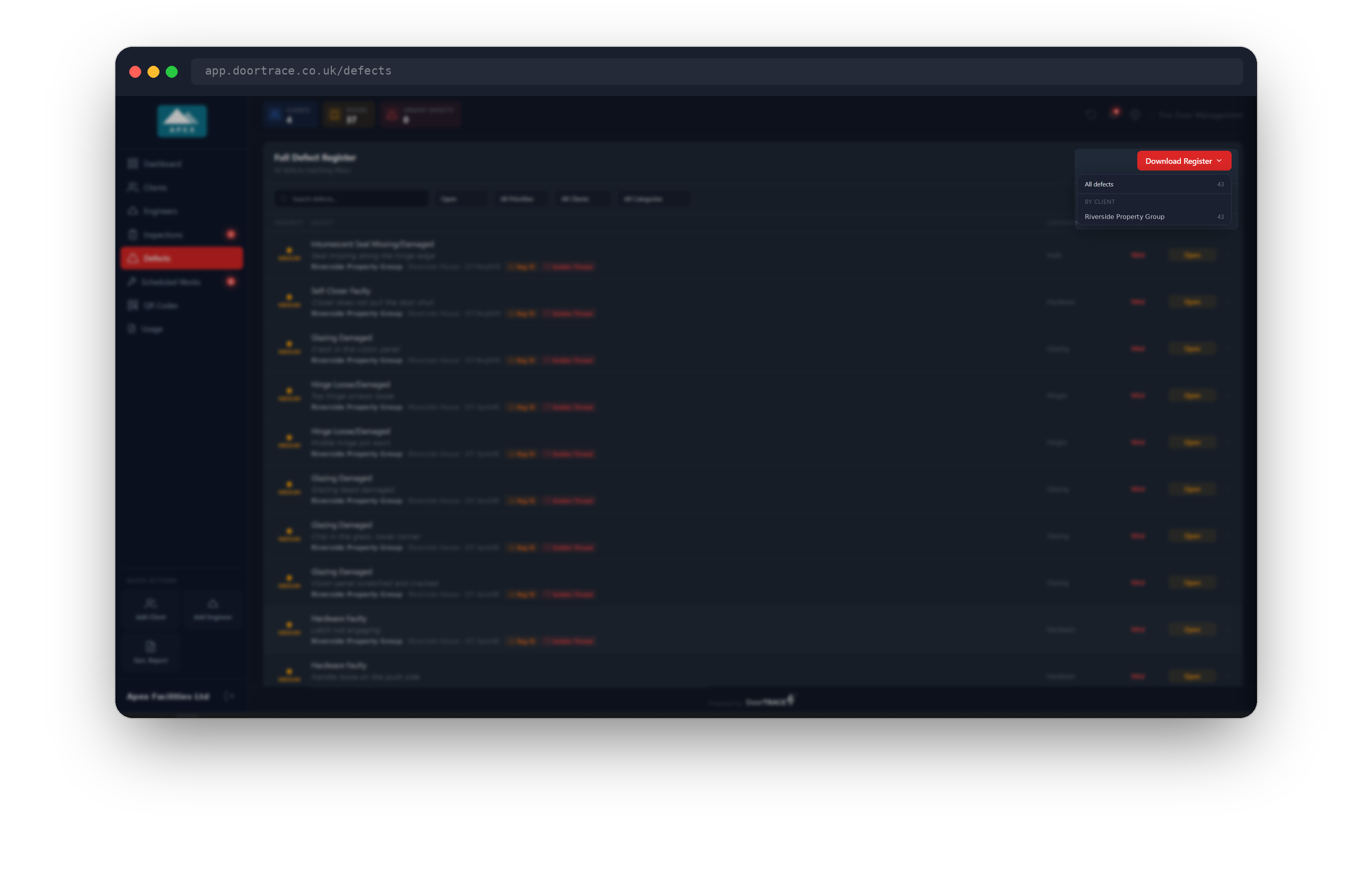 The Download Register menu open