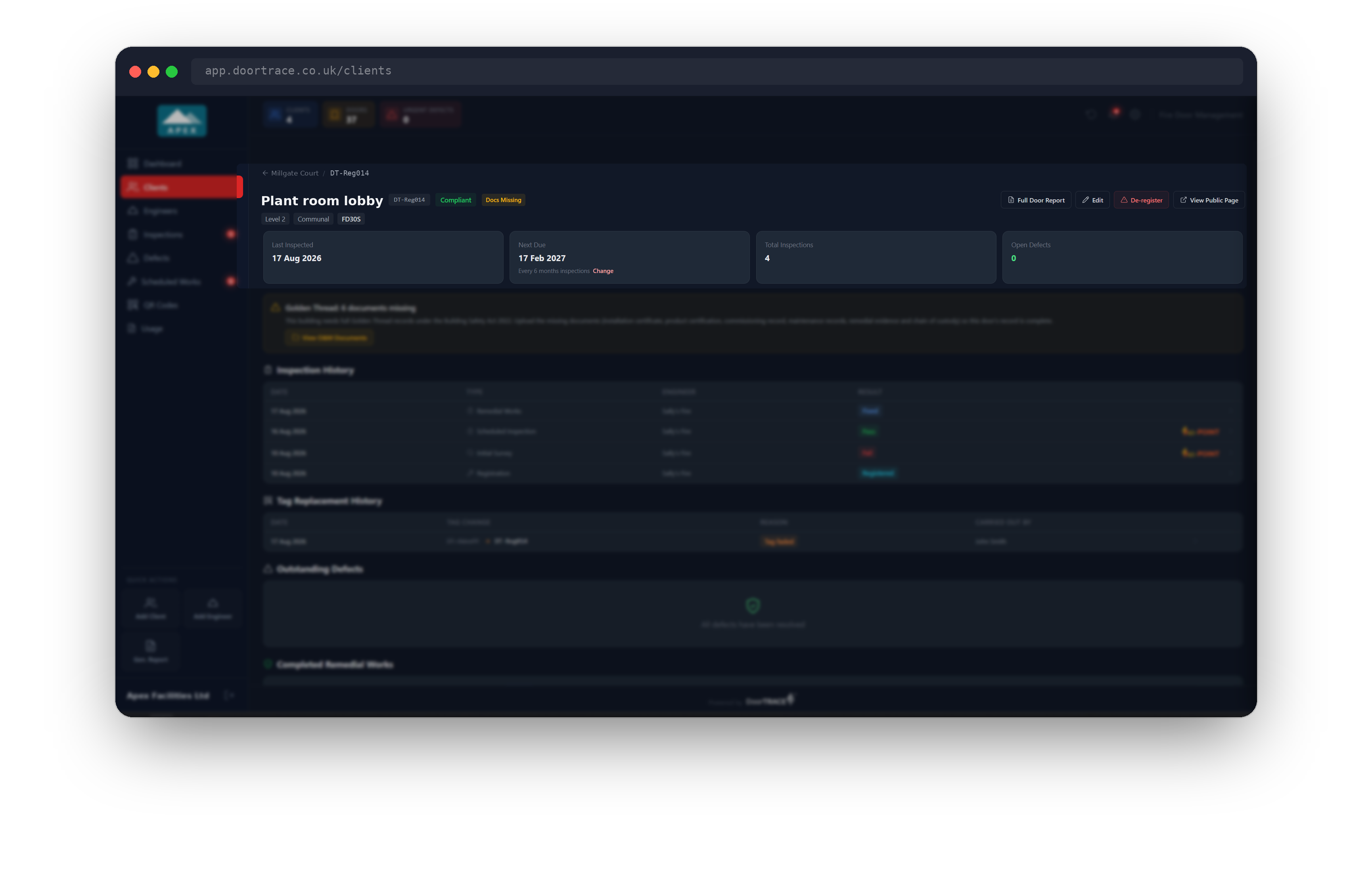 Door page header with the Edit, De-register and Change controls