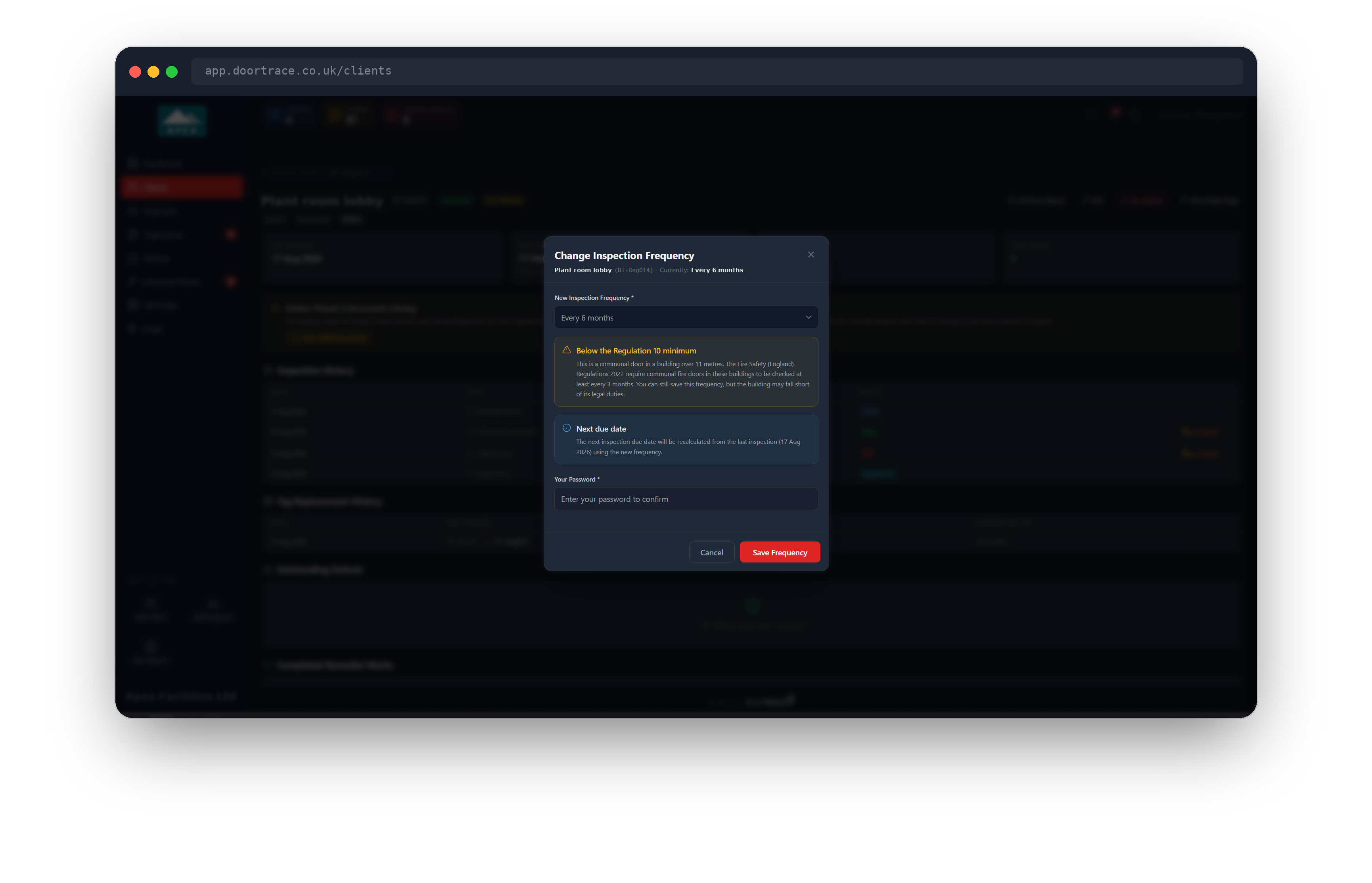 Change Inspection Frequency pop-up