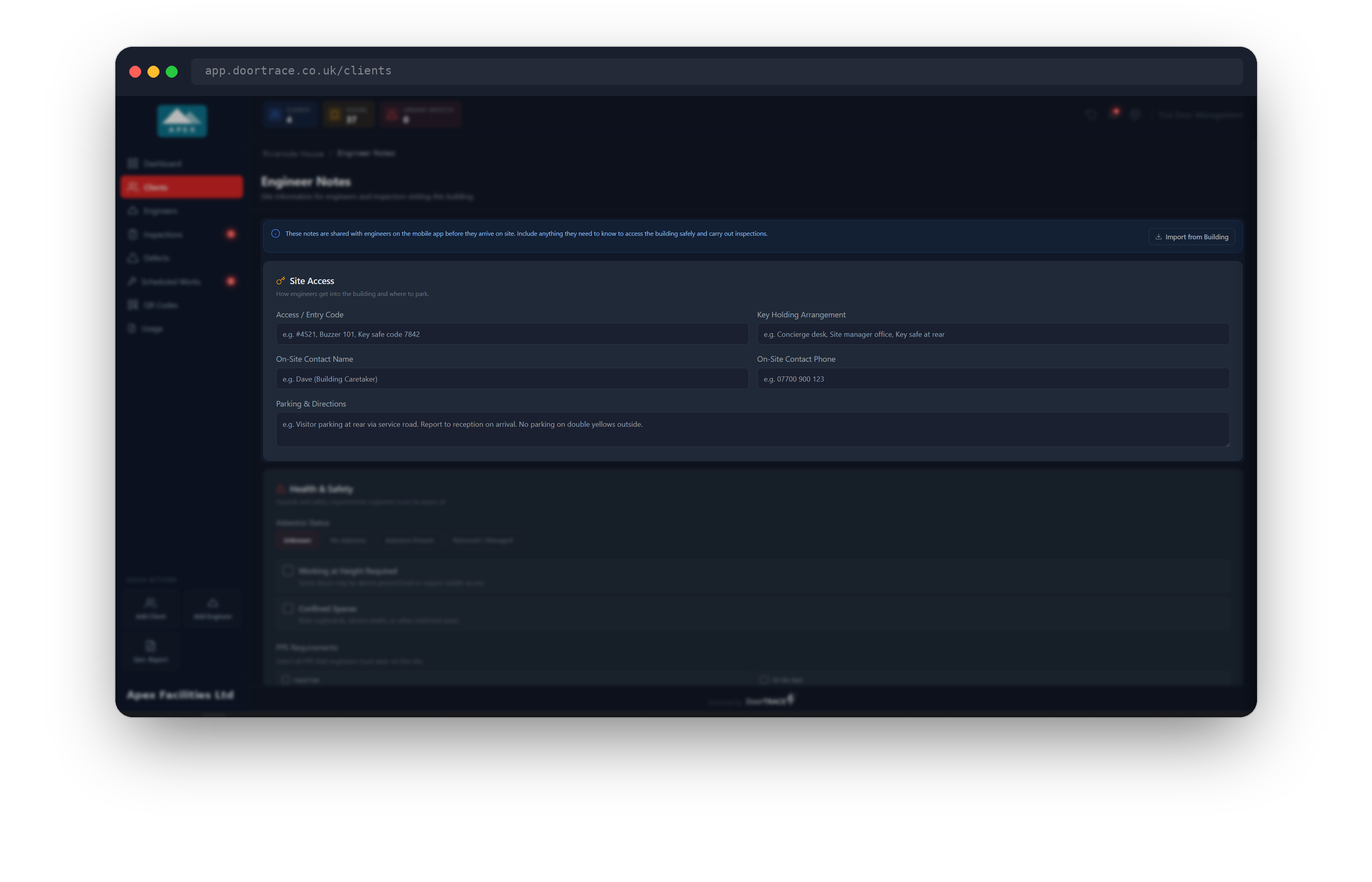 The Site Access section of the Engineer Notes page
