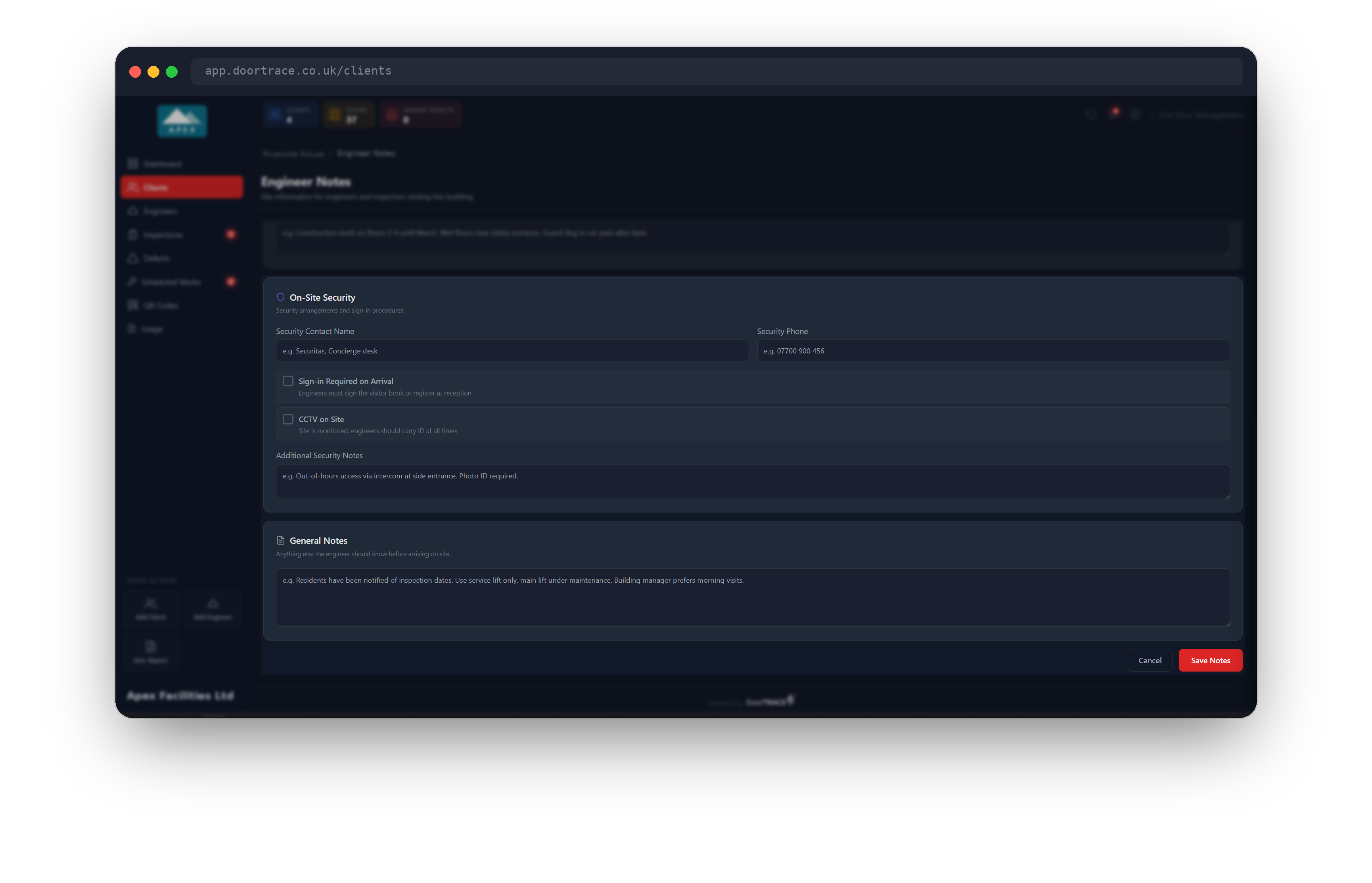 The On-Site Security and General Notes sections with the Save Notes button