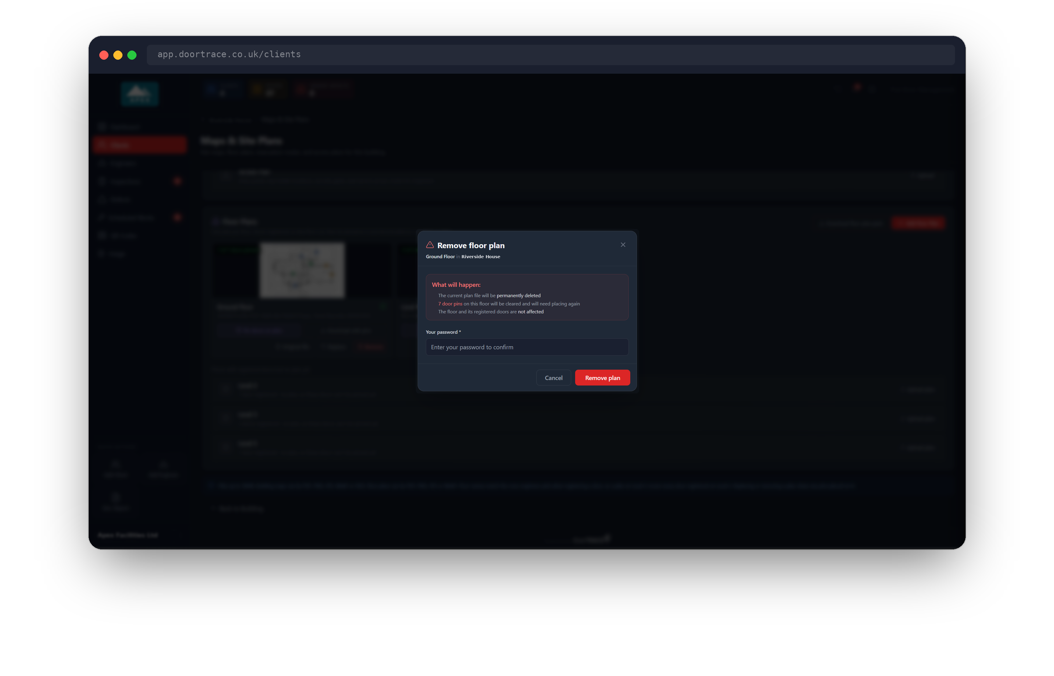 The Remove floor plan pop-up listing what will happen
