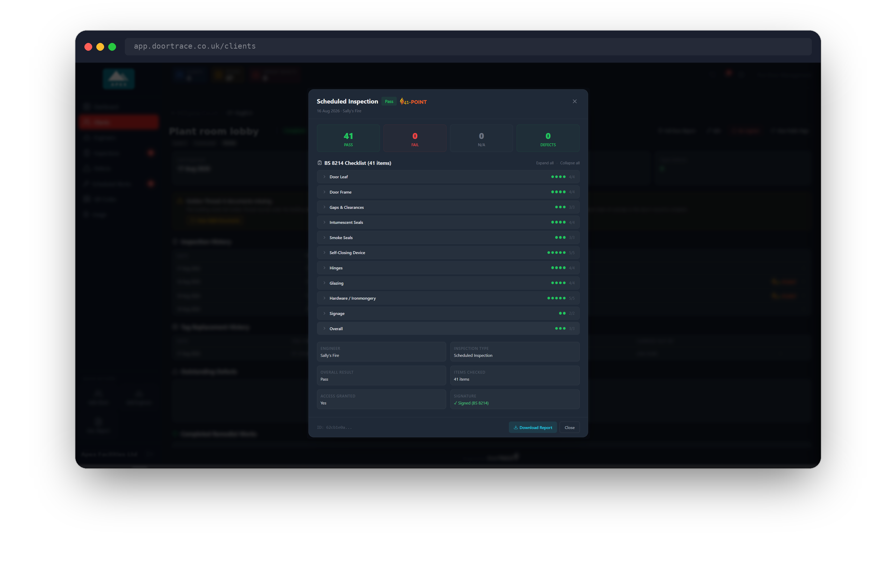 The inspection window footer with the download button