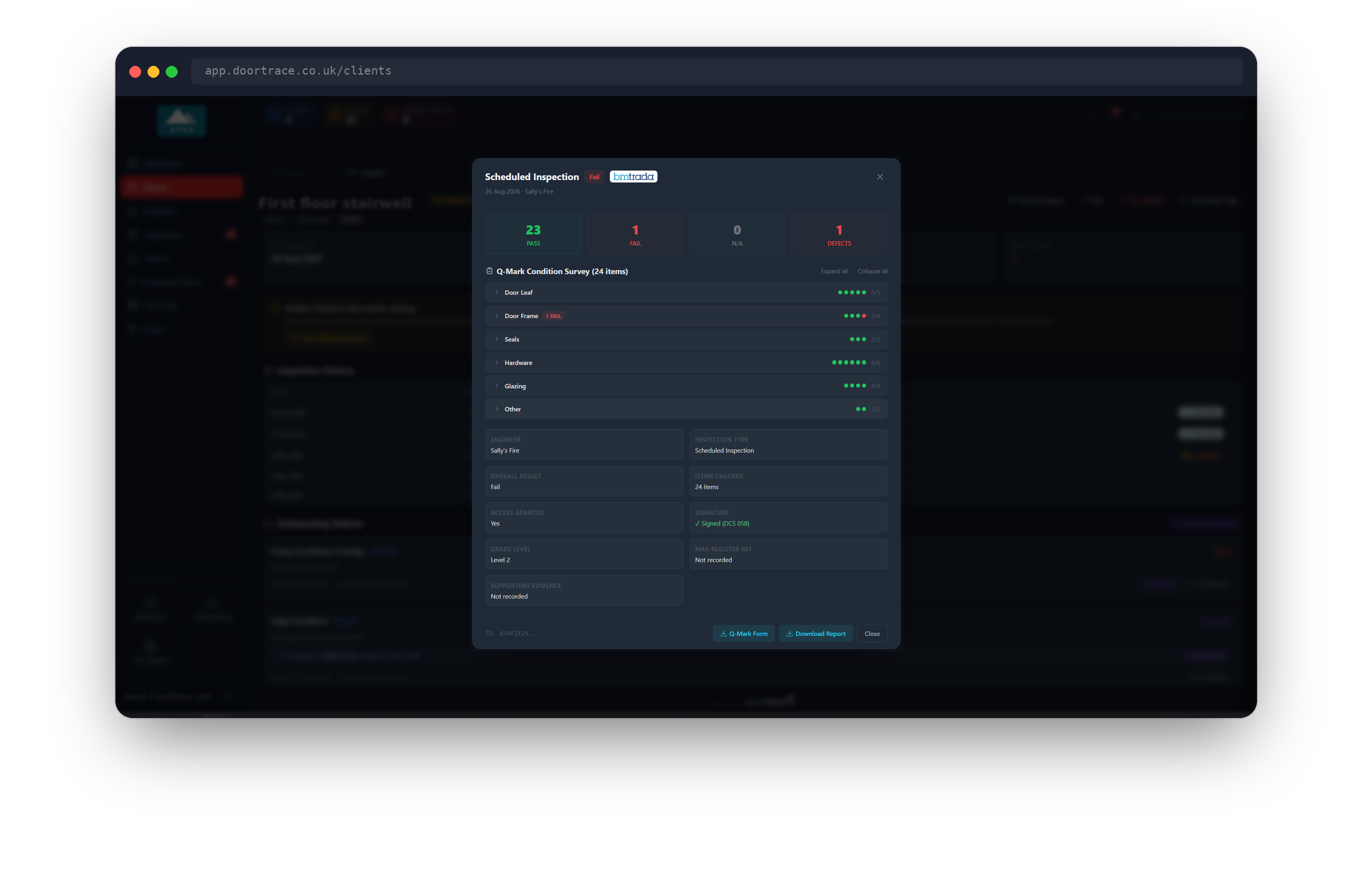 The inspection window for a BM TRADA survey with the Q-Mark Form button
