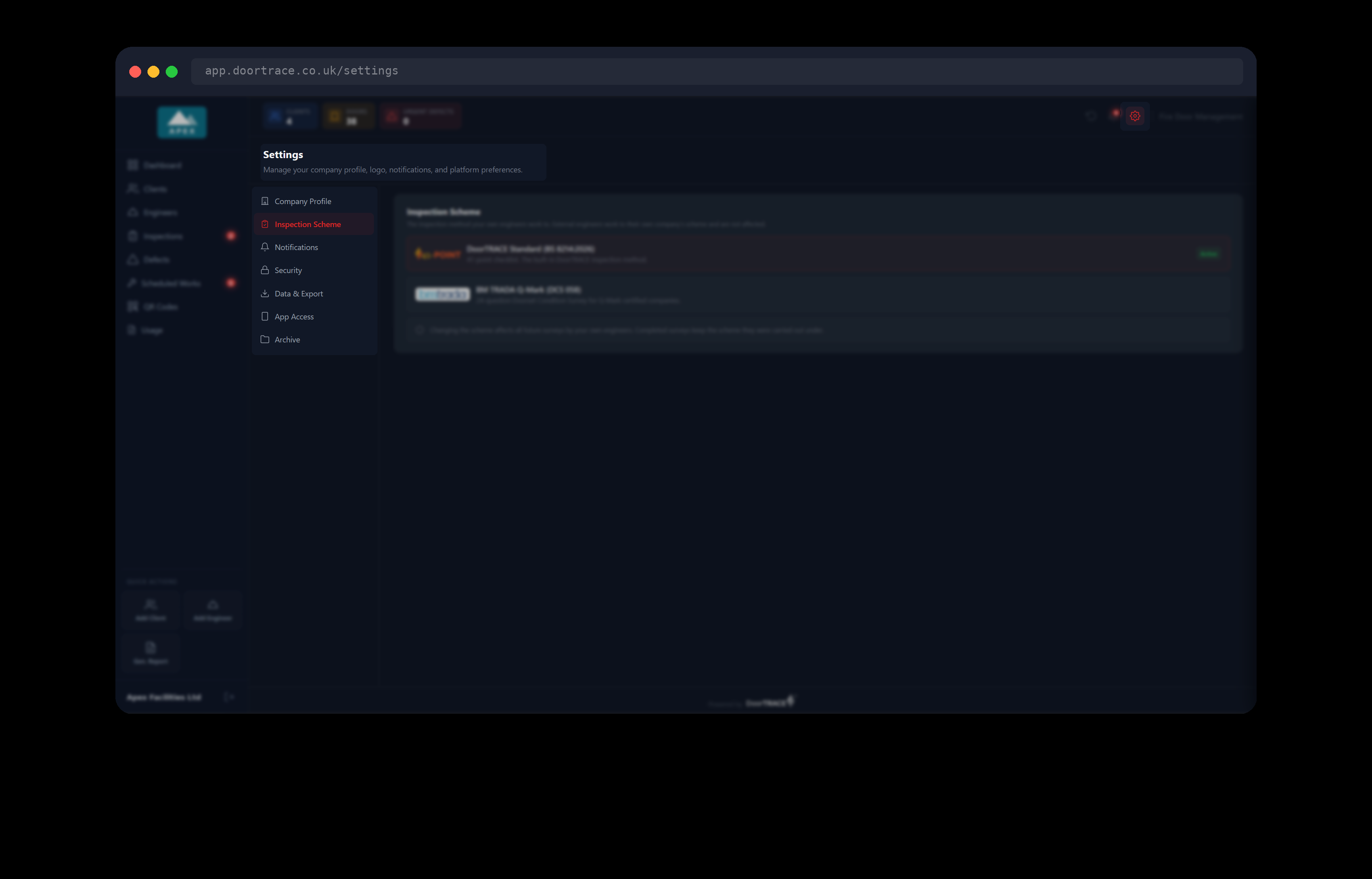 The Settings page with Inspection Scheme selected