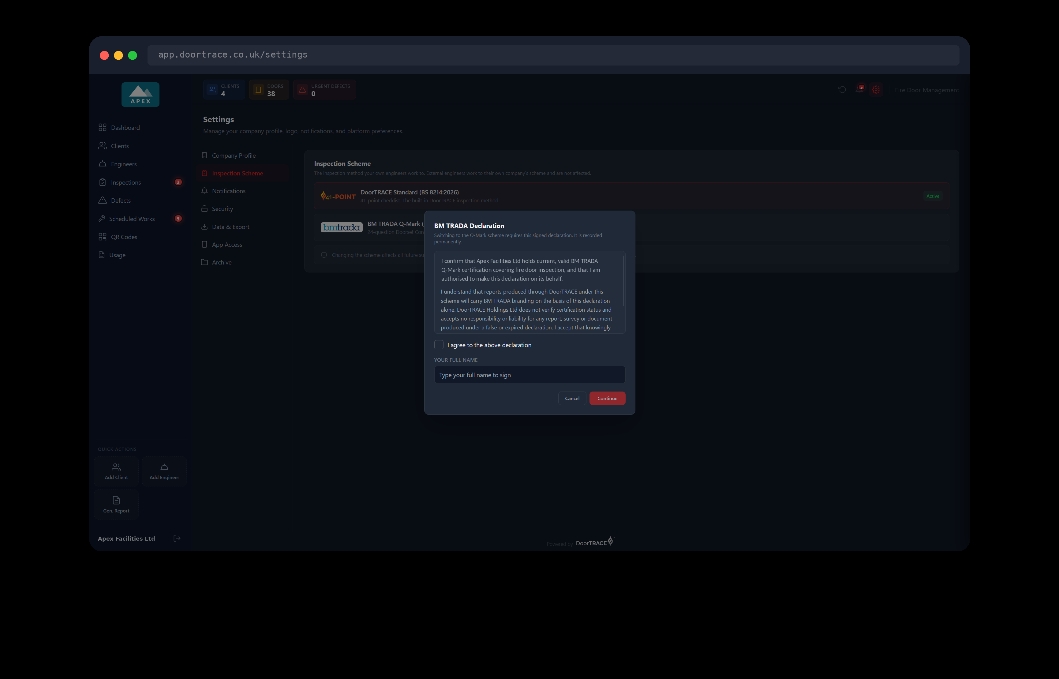 The BM TRADA Declaration window