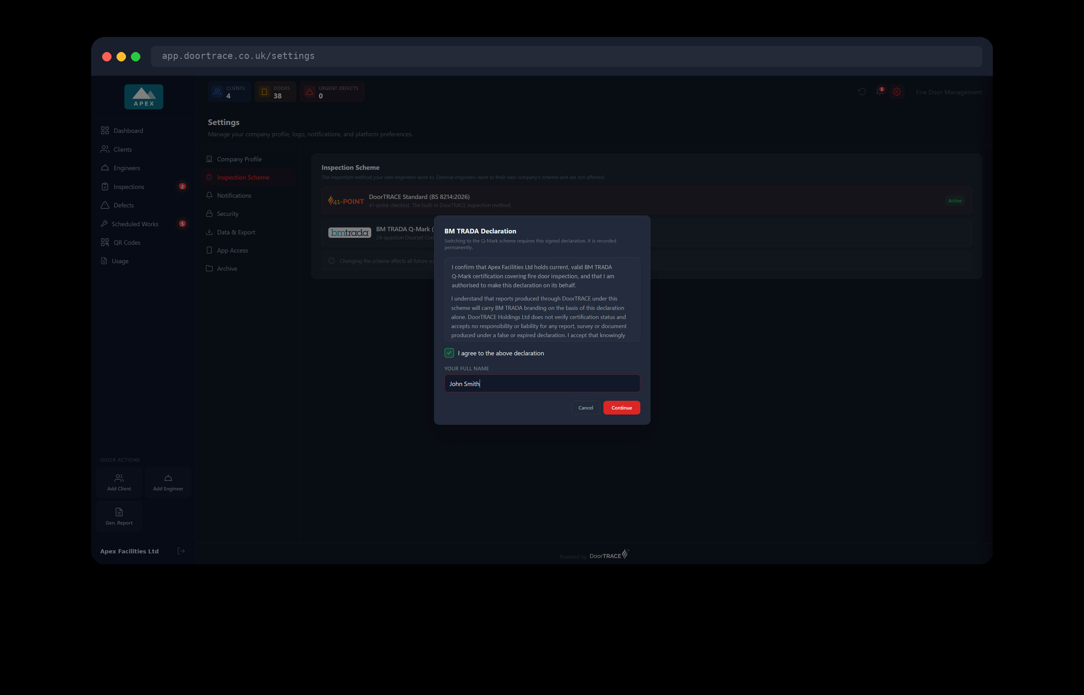 The declaration ticked and signed, with Continue ready to click
