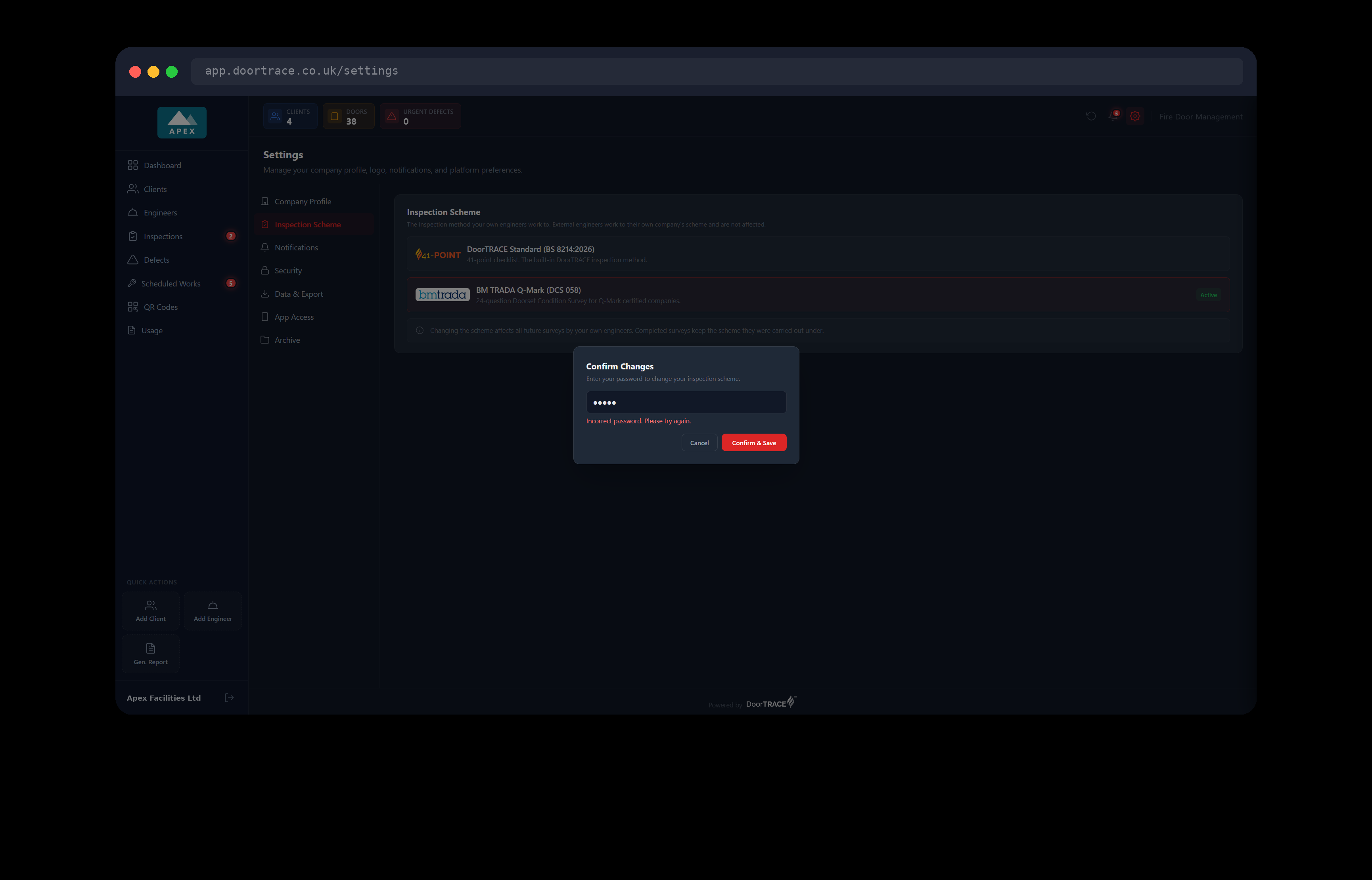 The Confirm Changes window after a wrong password
