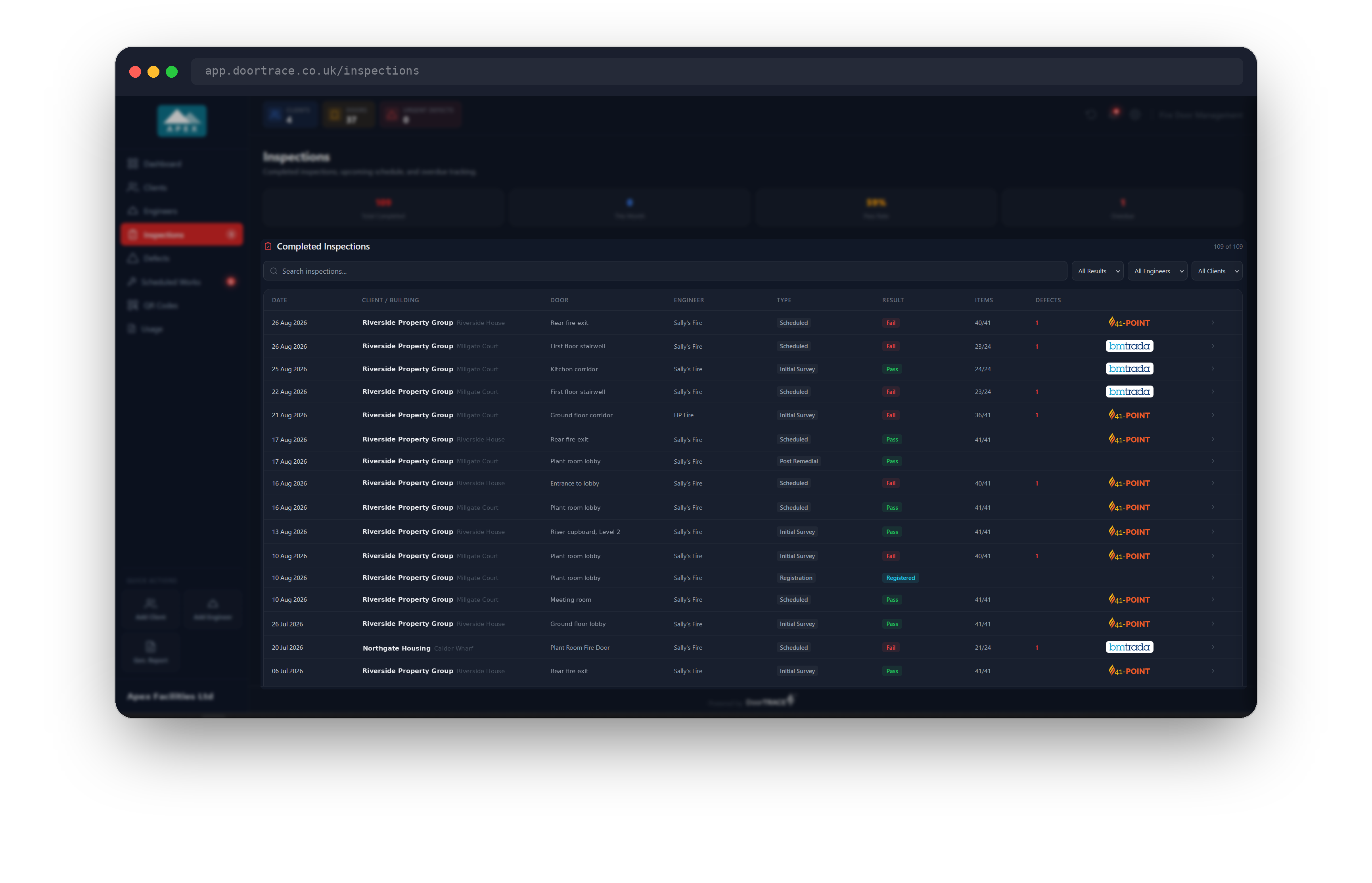 The Completed Inspections table with its search box and filters