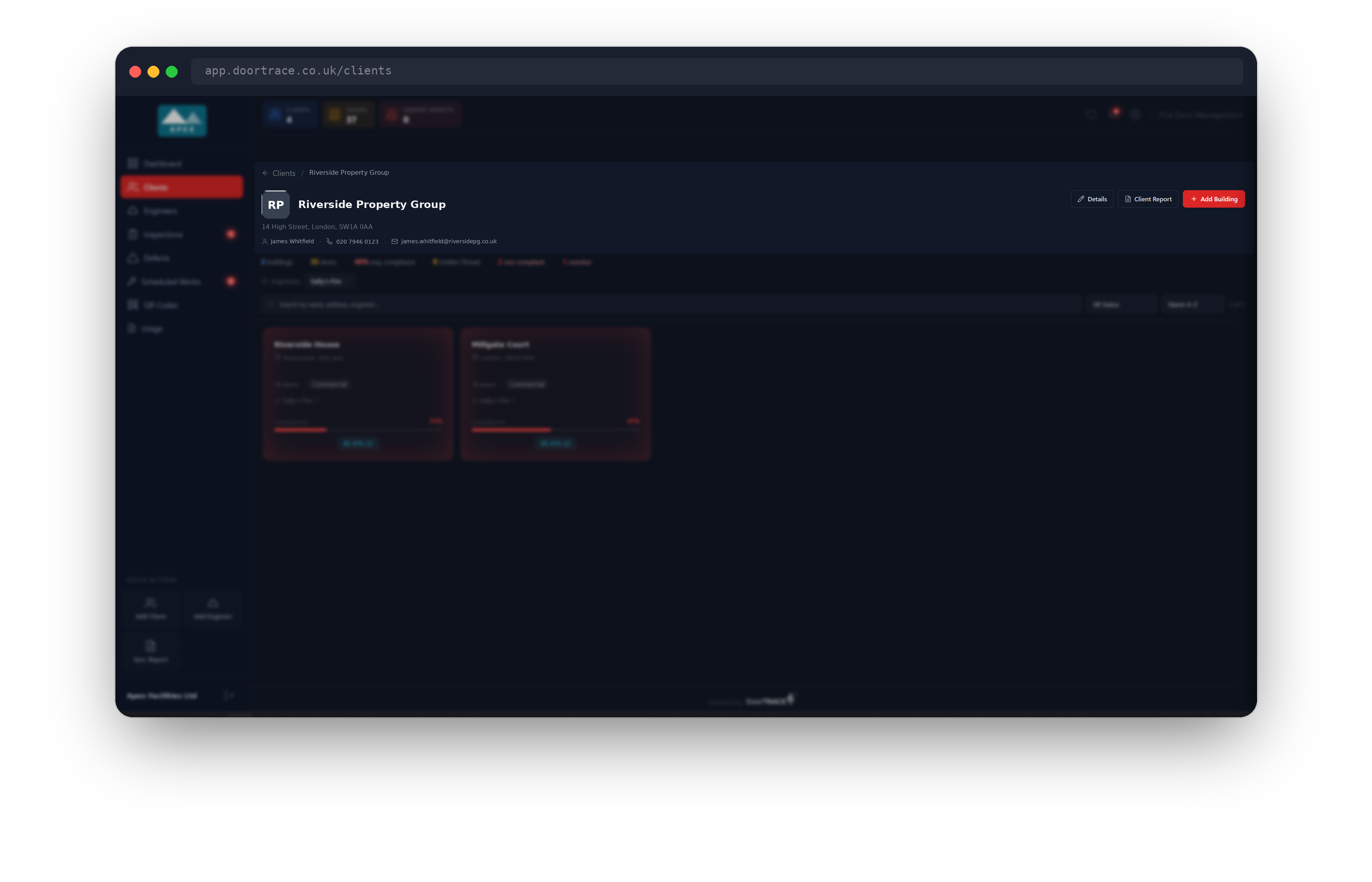The client page for Hillcrest Developments, showing the header, contact details and action buttons