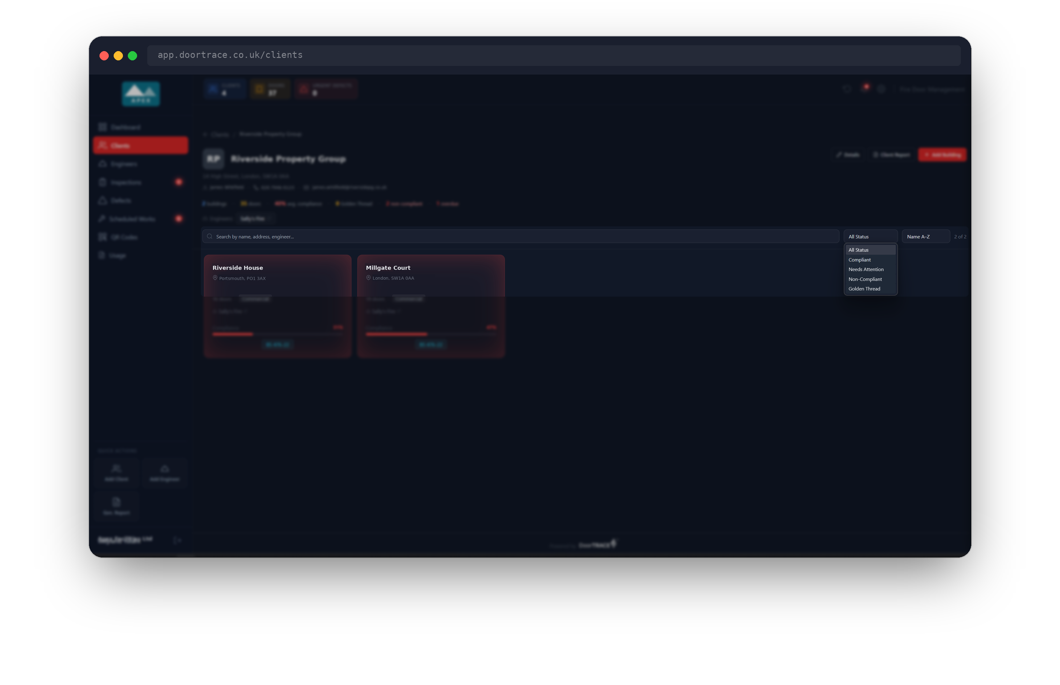 The building search box, status filter and sort dropdown above the building cards