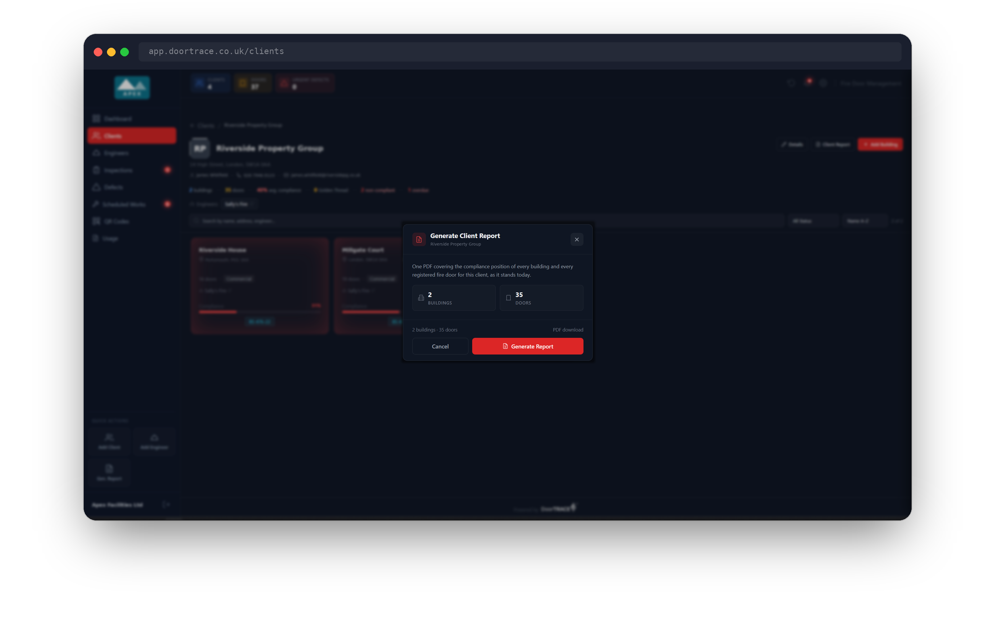 The Generate Client Report window, showing the building and door counts and the Generate Report button