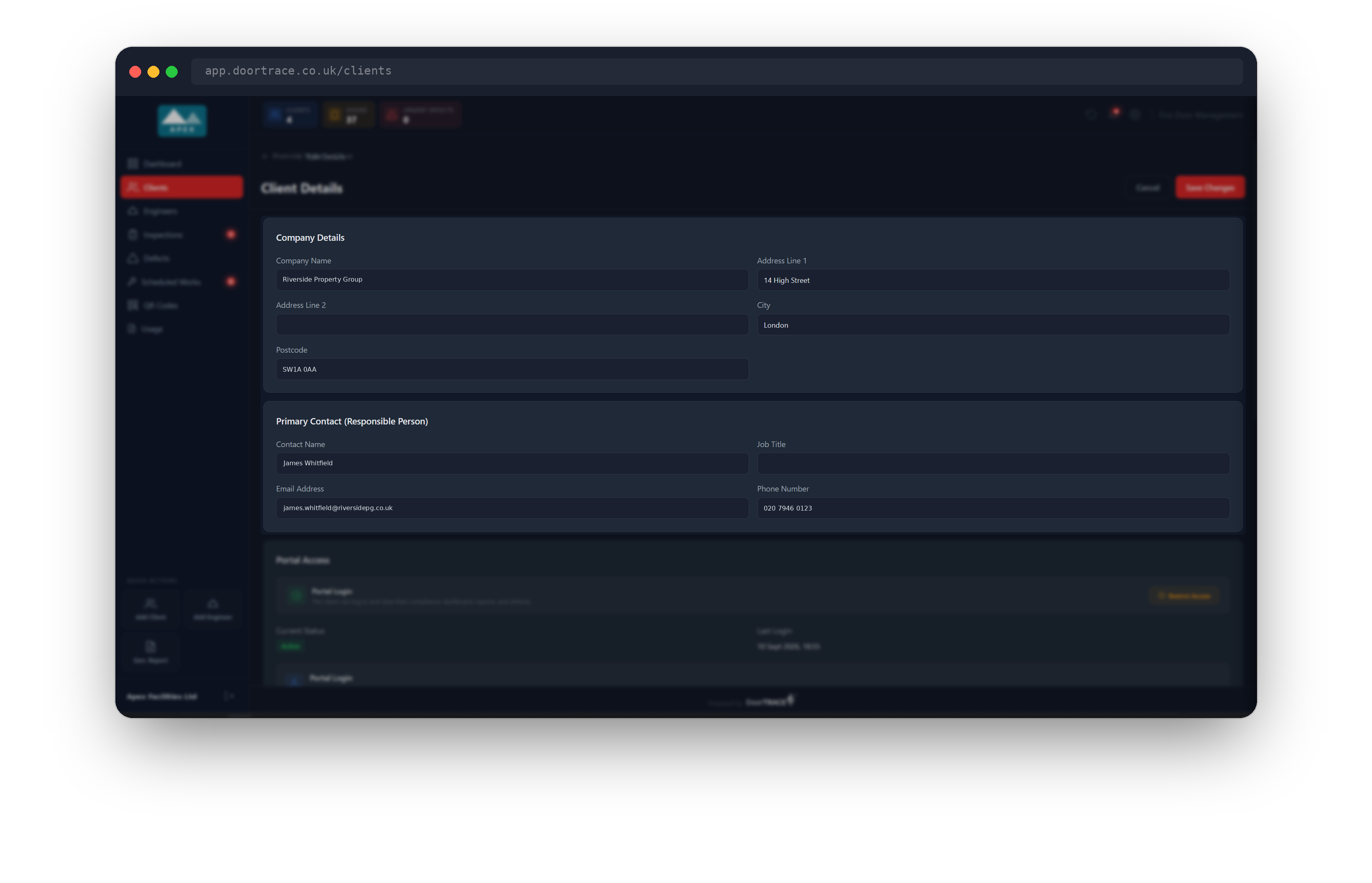 The Client Details edit page, showing the Company Details and Primary Contact sections