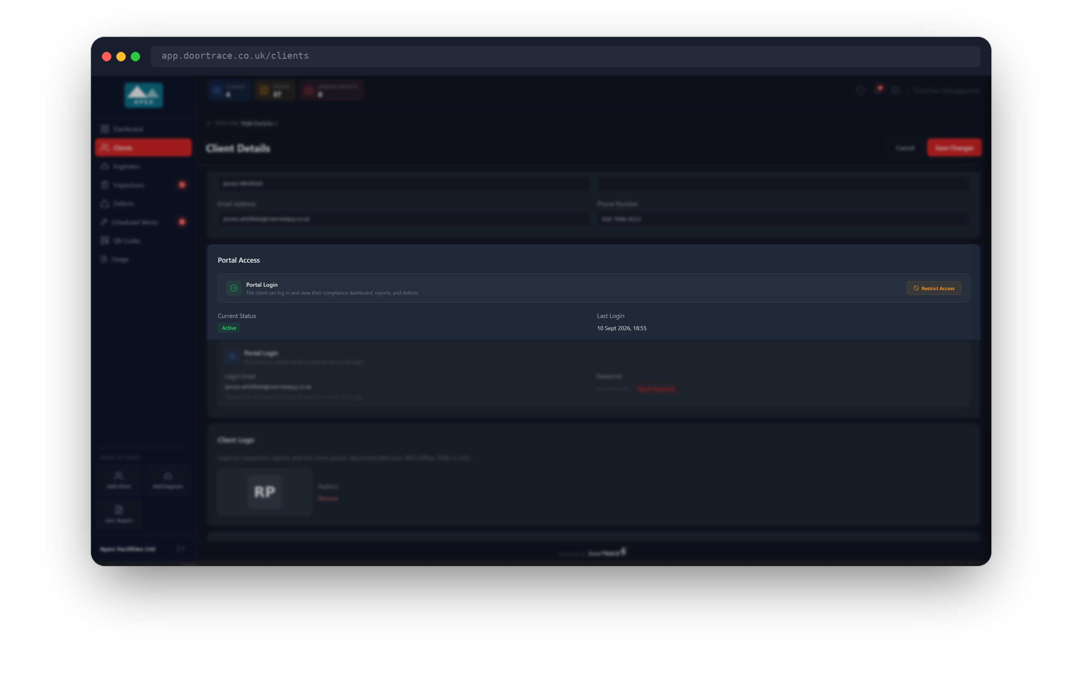 The Portal Access section on the edit page, showing the Portal Login card with the Restrict Access button