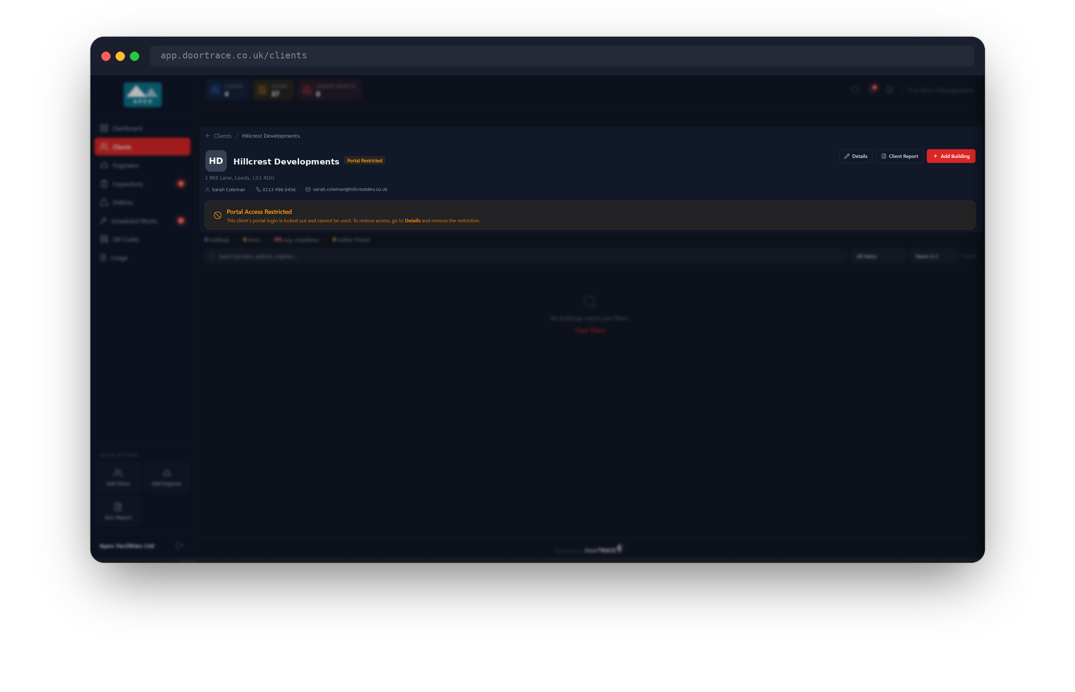 The client page with the amber Portal Access Restricted banner and the Portal Restricted badge