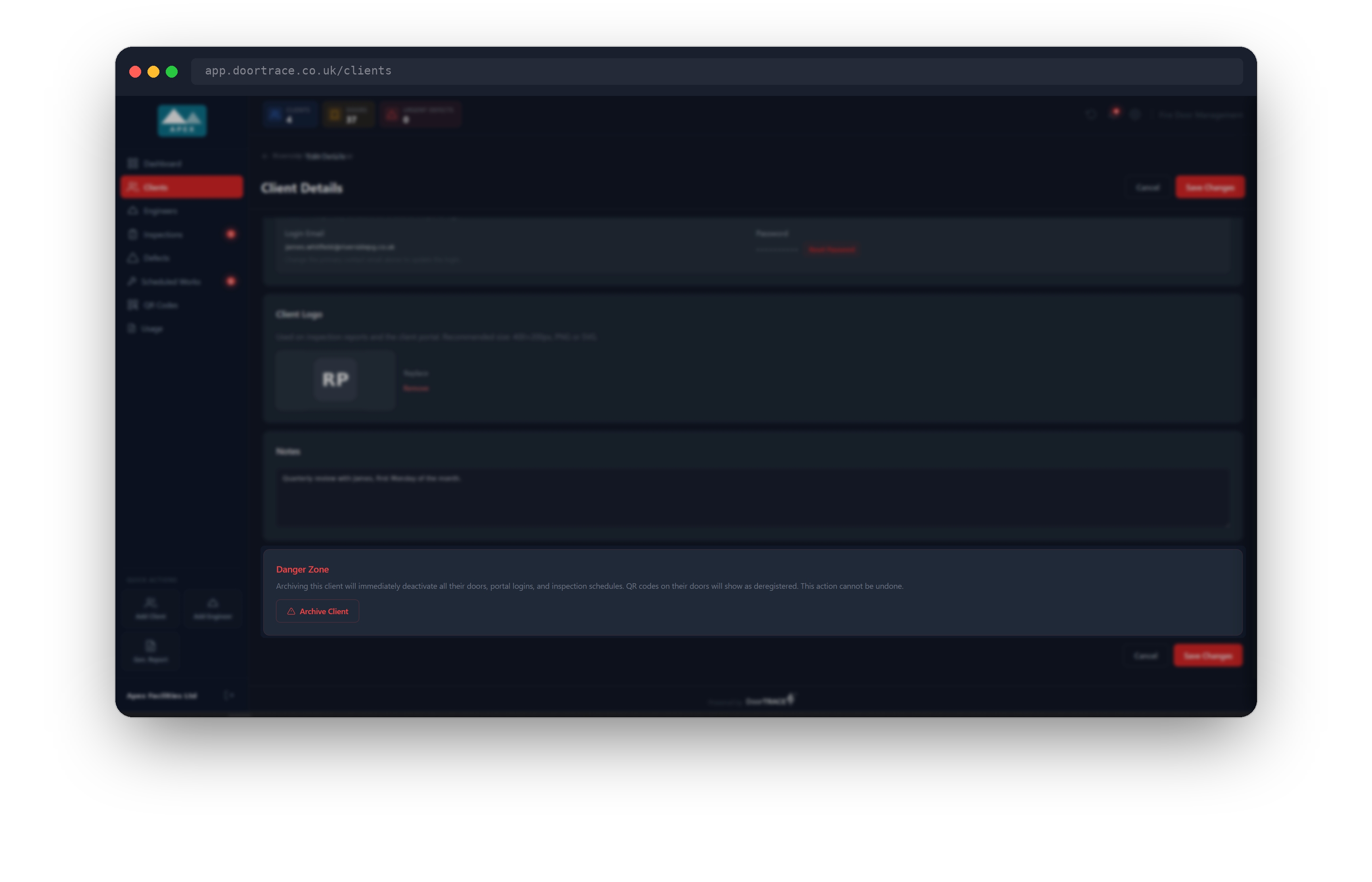The Danger Zone section at the bottom of the edit page, with the Archive Client button