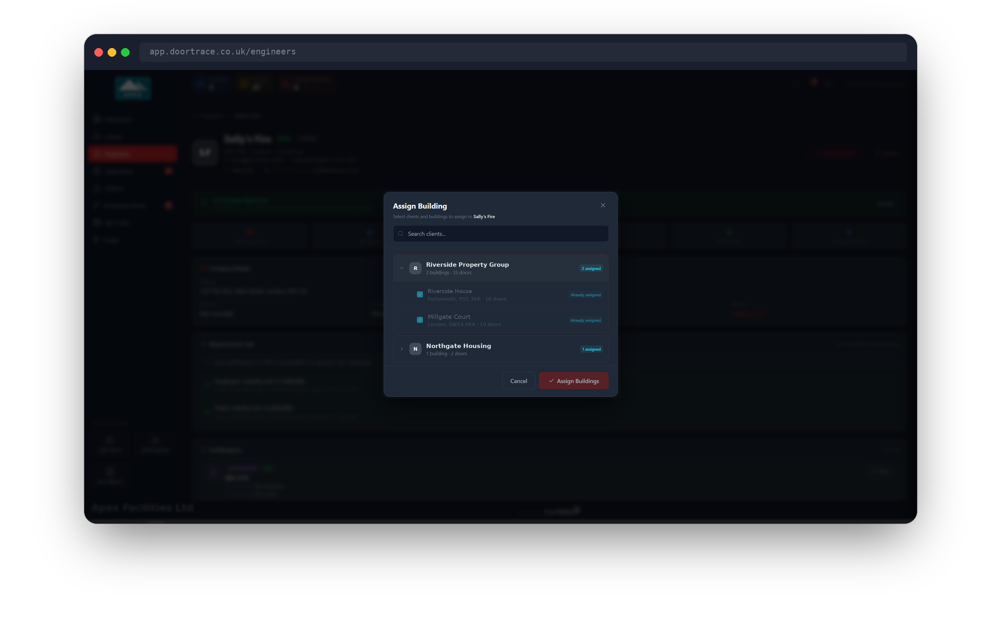 The Assign Building window with a client expanded