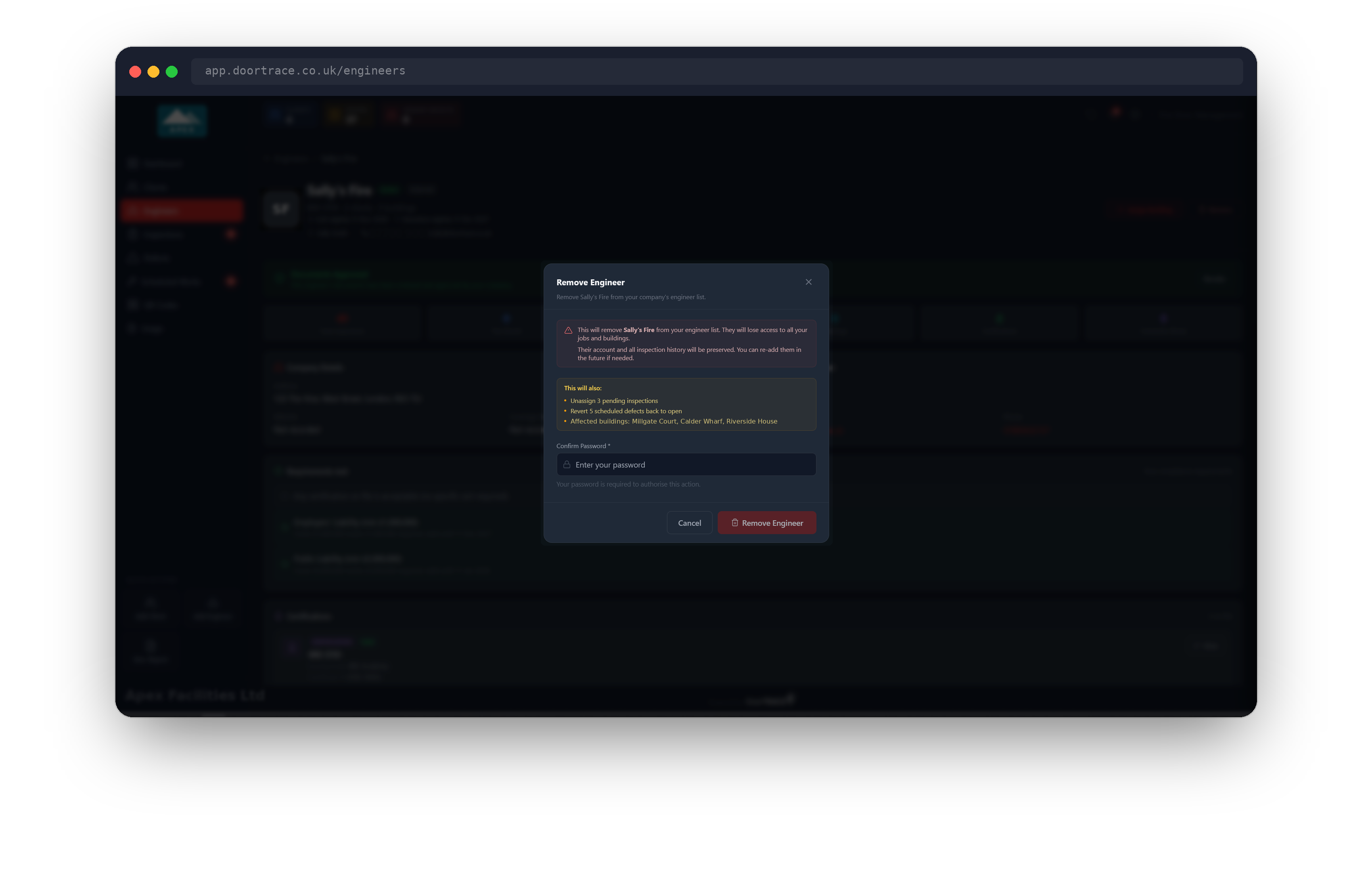 The Remove Engineer window showing what will change