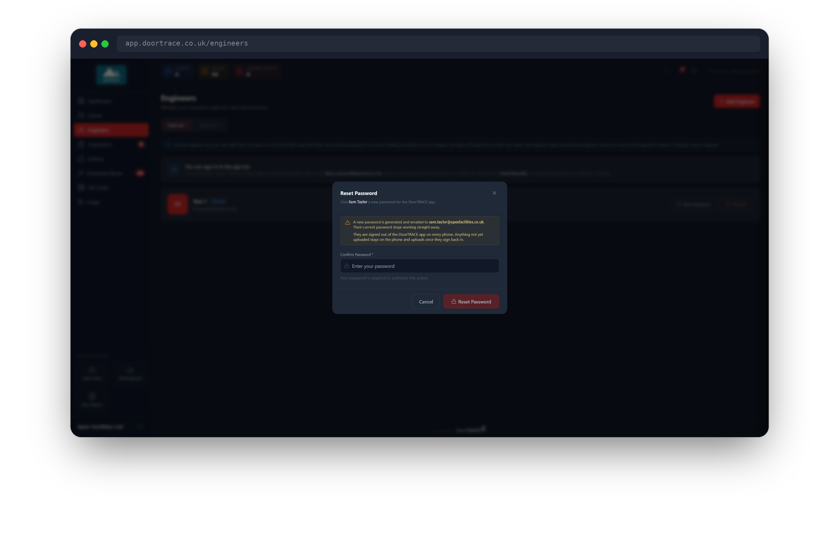 The Reset Password window