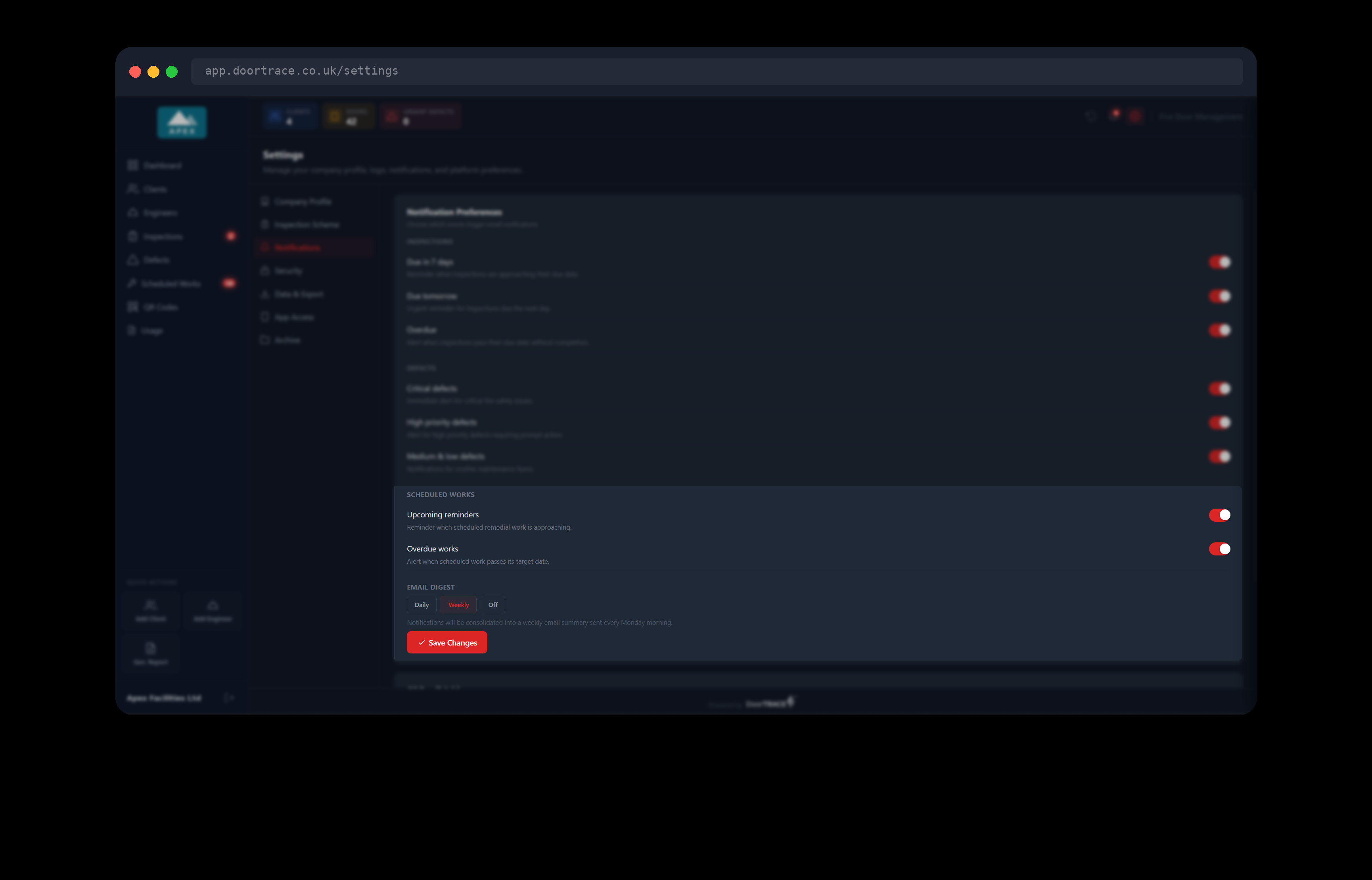The Scheduled Works switches and the Email Digest choice, set to Weekly